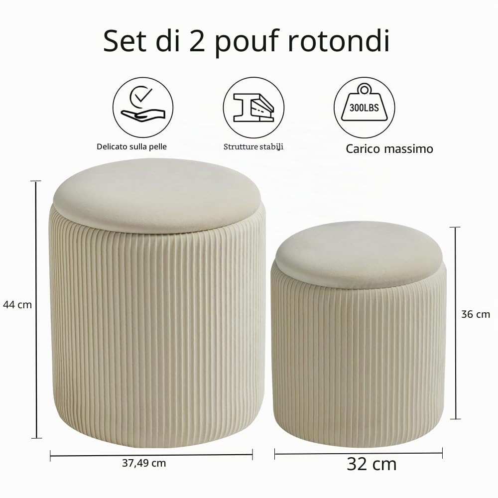 BLEXA Set di 2 ottomane rotonde in velluto bianco con contenitore