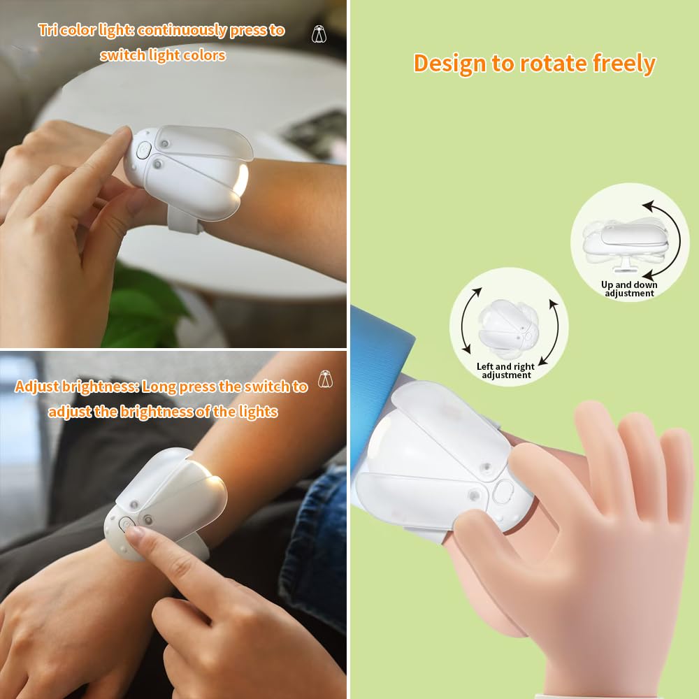 YZYOE New Rechargeable Cute Firefly Wrist Light, Mini Wearable Eye Protection Warm Reading Lamp, 3 Color Temperature Lasting Press to Adjust Light Brightness.