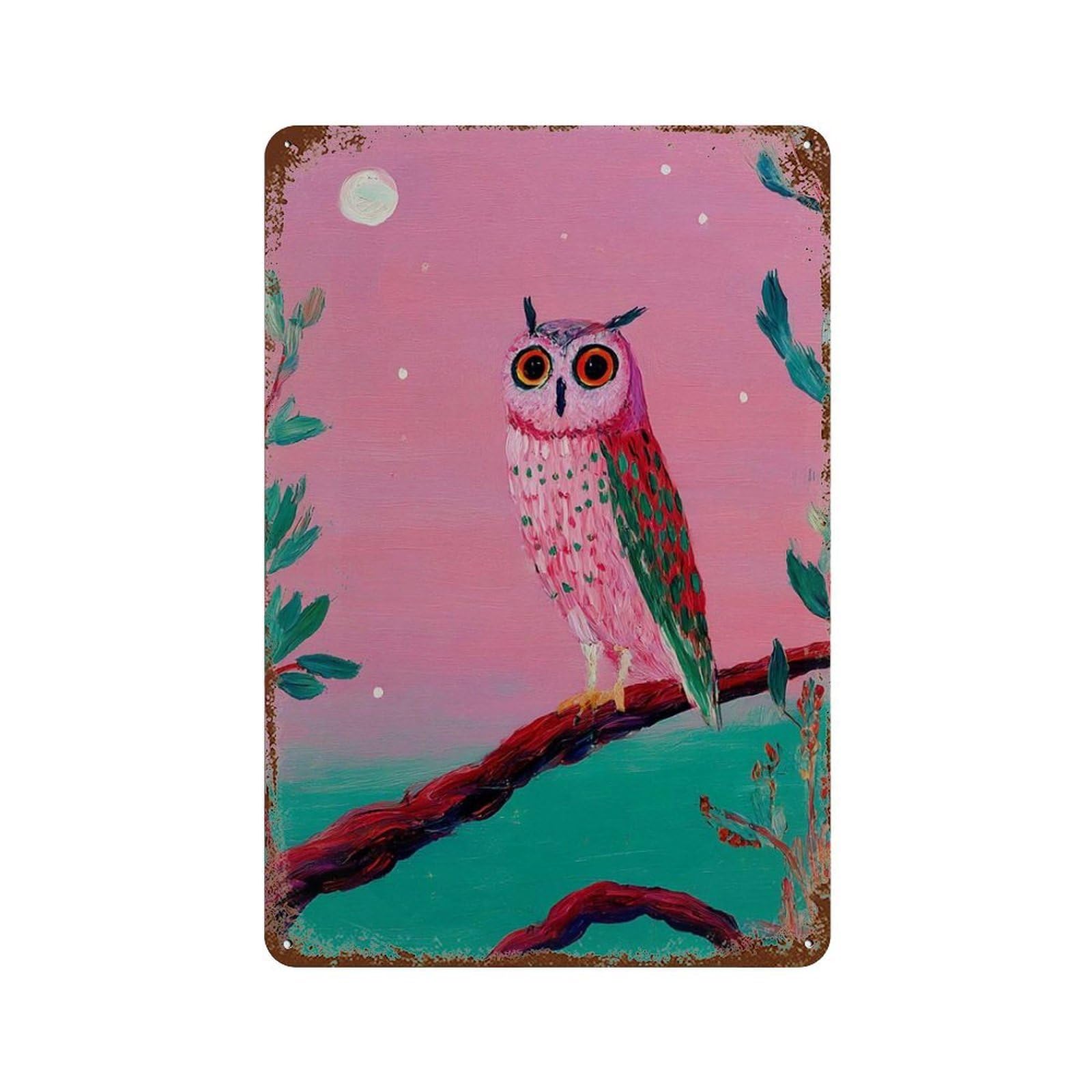 xiaoxiaoshen Pink Owl Whimsical Bird Playful Animal Colorful Nursery Fantasy Forest Work Wall Decor Art Metal Tin Poster Modern Home Decor Art Home Bar Shop Decorations Vintage Sign 30x20cm