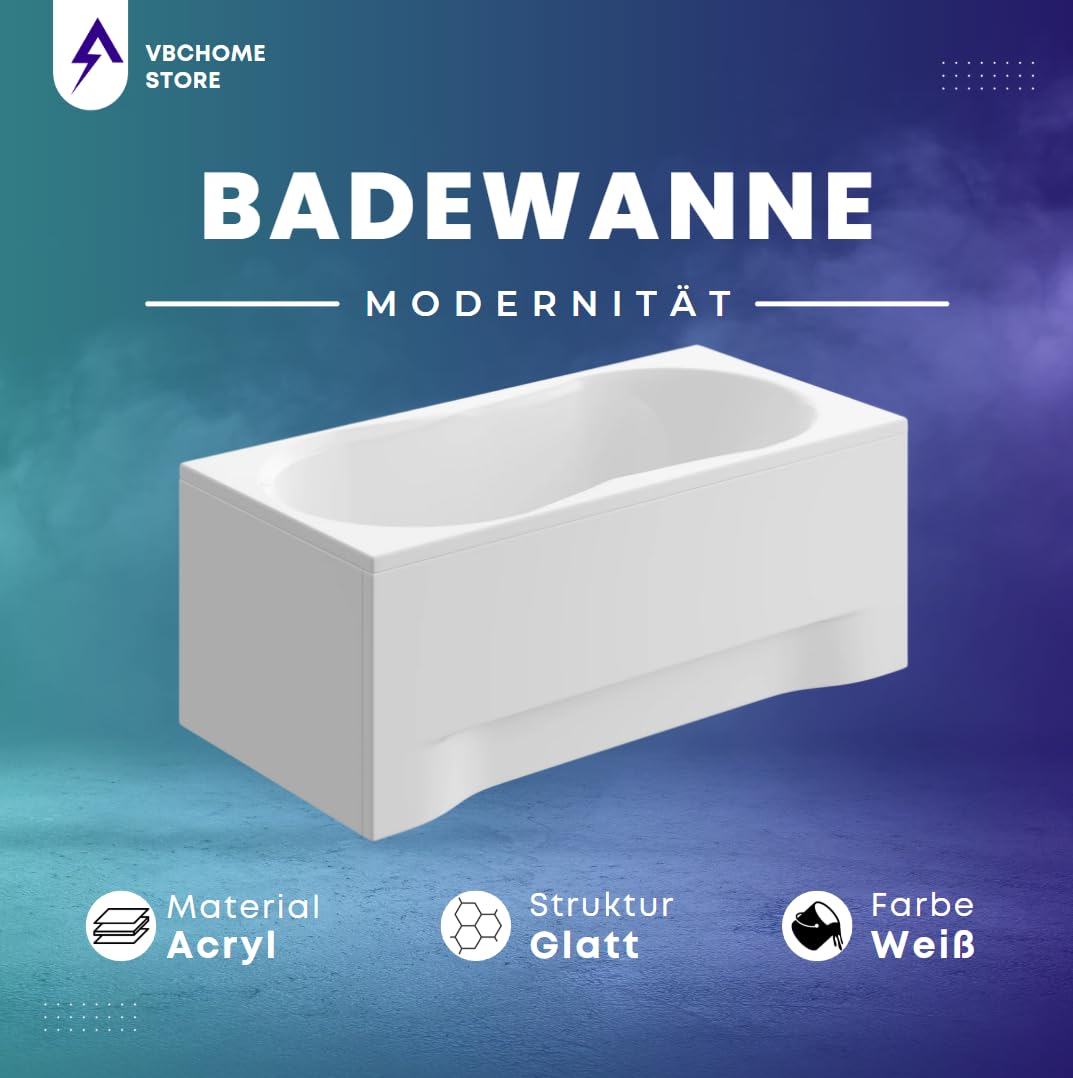 VBChome Badewanne 180x80 cm Weiß Acryl Schürze Wannenfüße Siphon Rechteckig Wanne Abfluss Design Modern Ablaufgarnitur in Chrom Badewanne mit Schürze