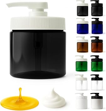 Royal Massage 16oz Refillable Pump Jar with Locking Dip Tube Dispenser BPA-Free Plastic Container for Massage Oils, Lotions, Creams Ribbed Lid Wide-Mouth Jar Durable & Reusable Black/White, 1