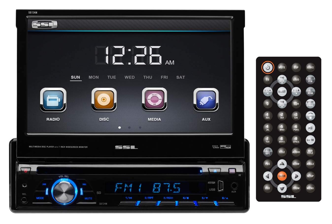 SOUND STORM SD724M Single-DIN 7 inch Motorized Touchscreen DVD Player, Receiver, Detachable Front Panel, Wireless Remote