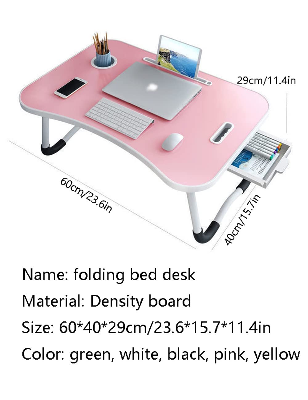 Sleek Corners Arc biurko na laptopa łóżko, gniazdo na karty/szuflada/uchwyt na kubek / stojak do czytania / uchwyt / składany stolik z tacą na nogi, jedzenie, pisanie (różowy 60,6 cala)