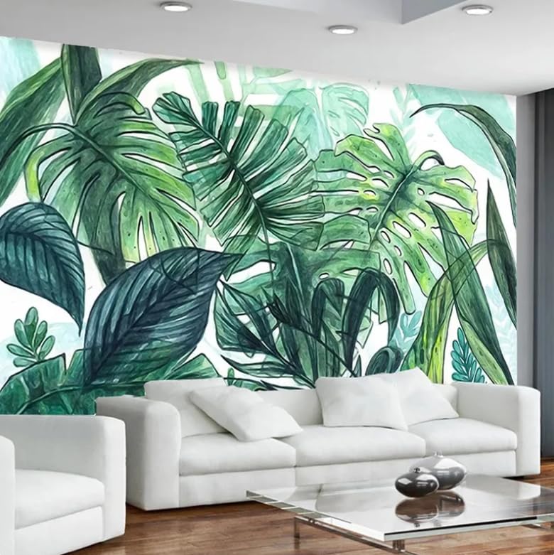 Papier peint photo pour agrandir un petit salon avec une fresque tropicale moderne 3D