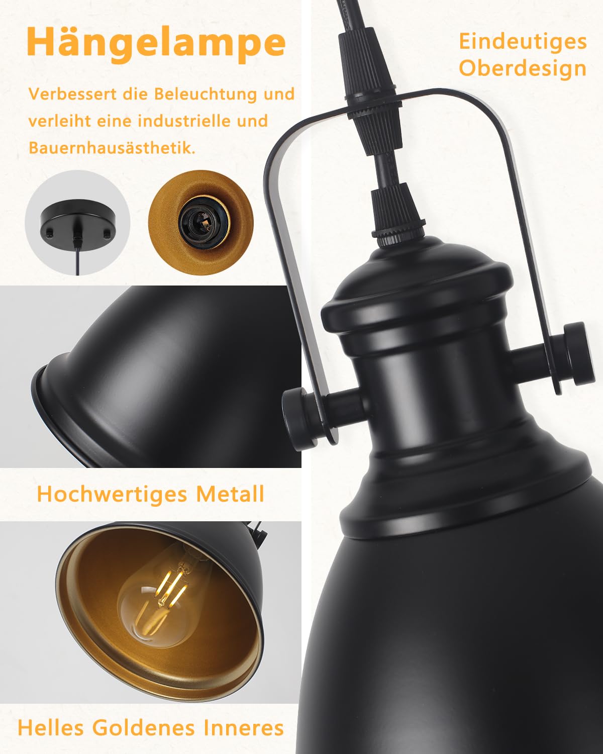 Industrielle Pendelleuchten 2 Stück Retro Pendelleuchte Esstisch Vintage Pendellampe aus Schwarze Metall, Hängelampe Schwarz Gold für Küche Bar Restaurant Wohnzimmer Schlafzimmer Ø16cm E27