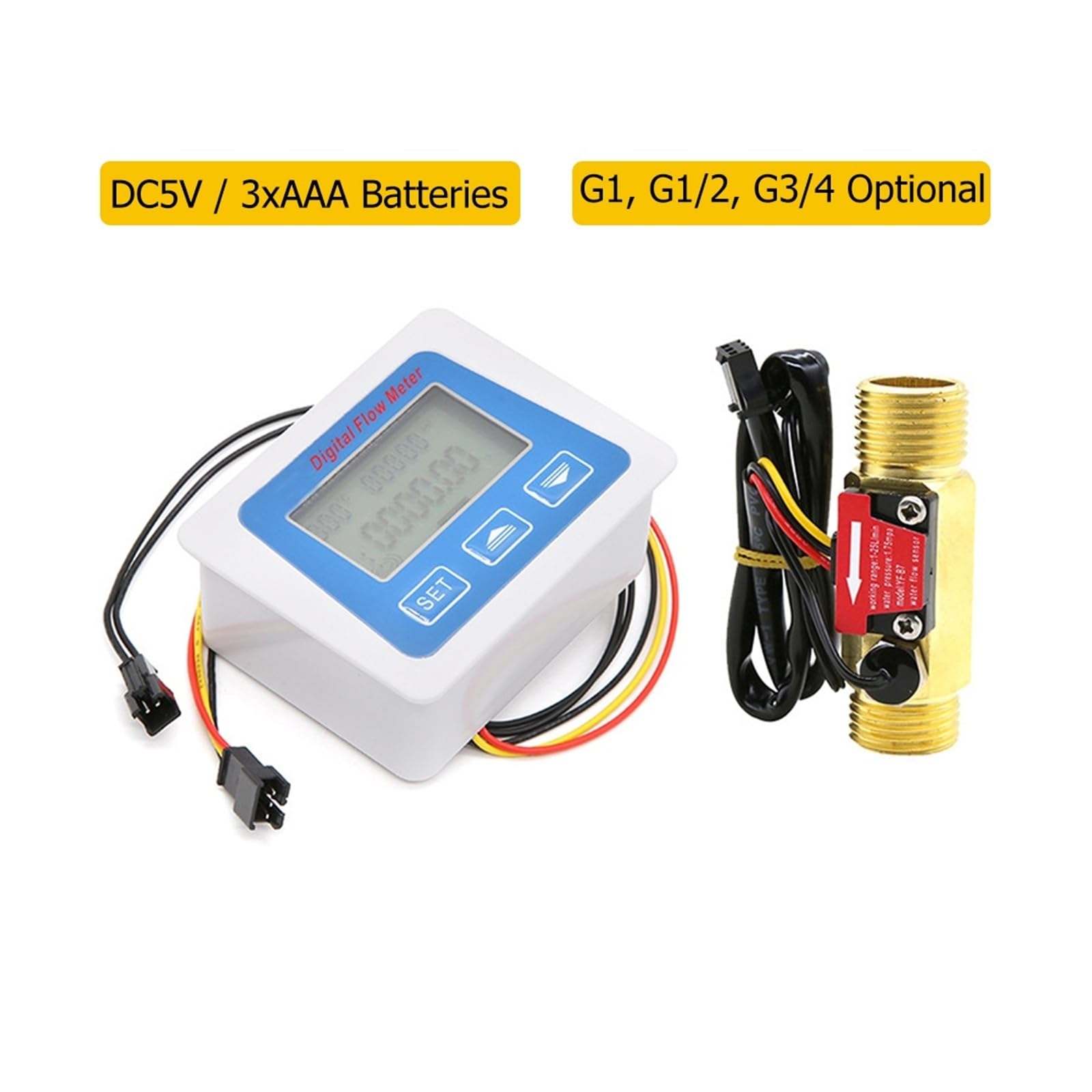 Medidor de flujo de agua digital con sensor de caudal LCD inteligente y pantalla de temperatura G1 G1/2 G3/4 Lecturas precisas(Power supply)