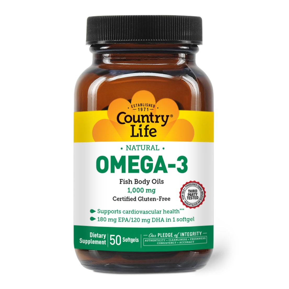 Omega-3 Fish Oil Supplement, 10000mg,180mg EPA & 120mg DHA, Fish Oil Concentrate, Burpless, 50 Softgels, Certified Gluten Free