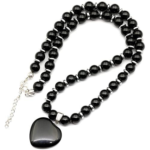ElisaJewelryArt - Natural Black Onyx Heart Pendant Black Onyx Crystal Beaded Necklace Genuine Gemstone Energy Stone Clasp Closure Necklace Unisex