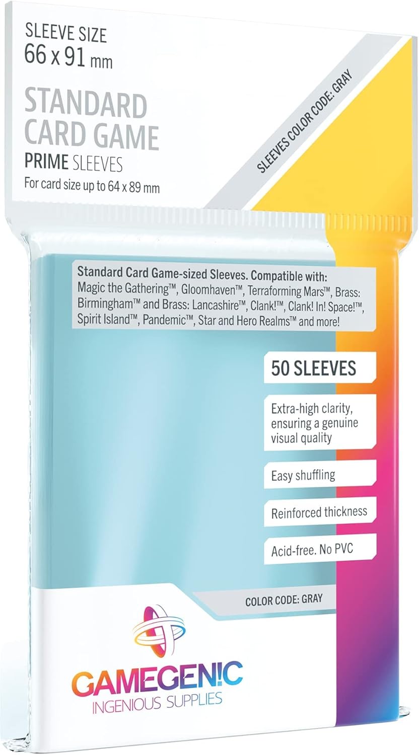 Prime Board Game Sleeves | Pack of 50 Extra-Clear Sleeves | 66 by 91 mm Card Sleeves Optimized for Use with Standard Card Games | Premium Card Protection | FFG Gray Color Code | Made by Gamegenic