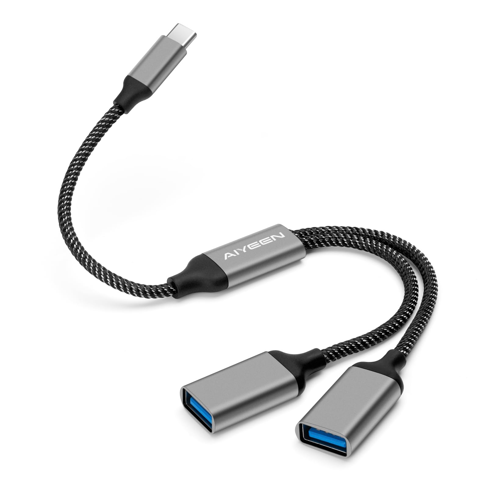 Adapter kabla USB C męski na 2 USB, żeński, podwójny hub portu USB-A do przesyłania danych/ładowania, dodatkowy przedłużacz, rozdzielany przewód zasilający do samochodu, laptopa, Mac, PC, szary
