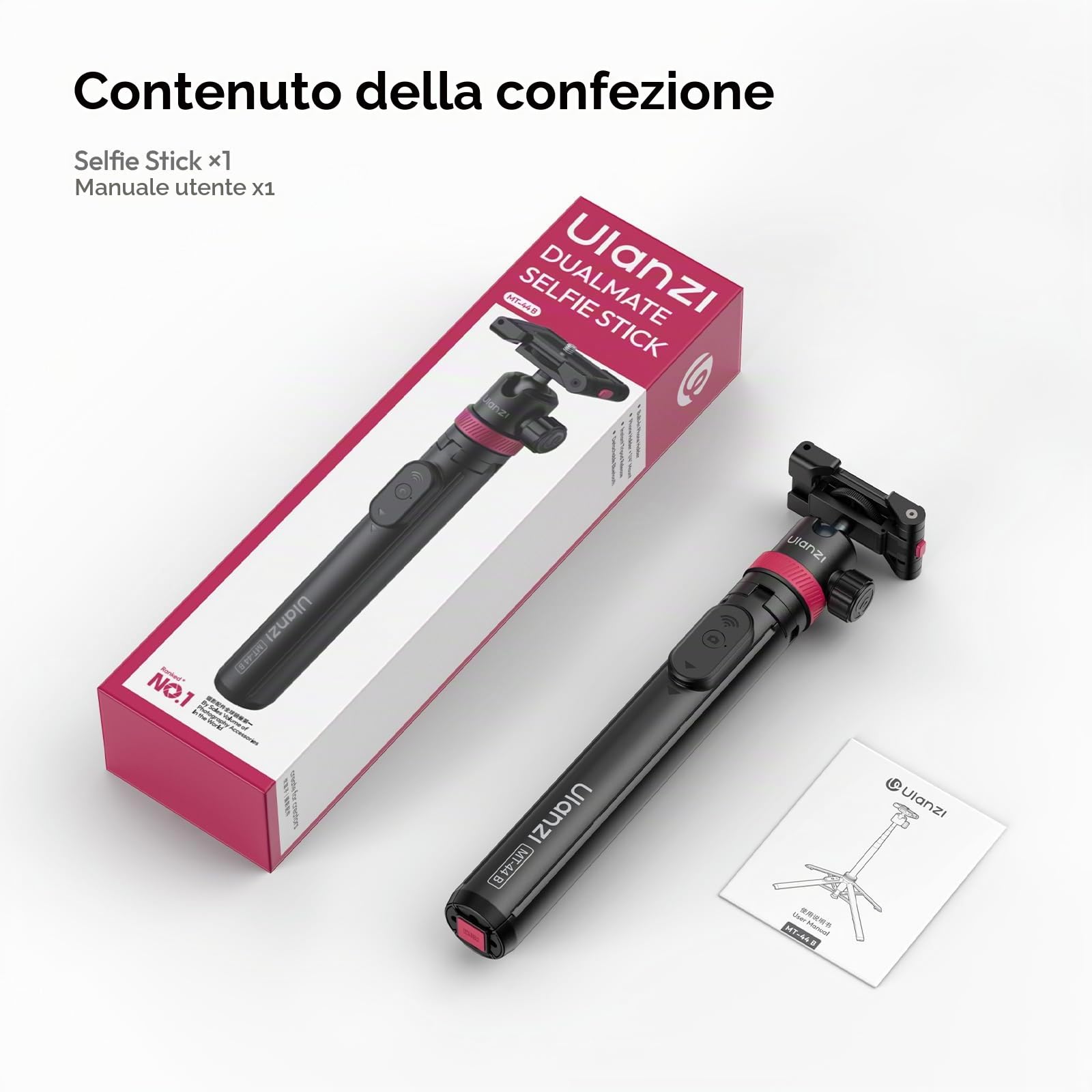 Ulanzi MT-44B Asta per selfie Doppio Slot per smartphone & mirrorless 150 cm, Treppiedi per cellulare Quad Base, Cavalletto macchina fotografica 415 g, Compatibile con iphone/samsung/realme/xiaomi