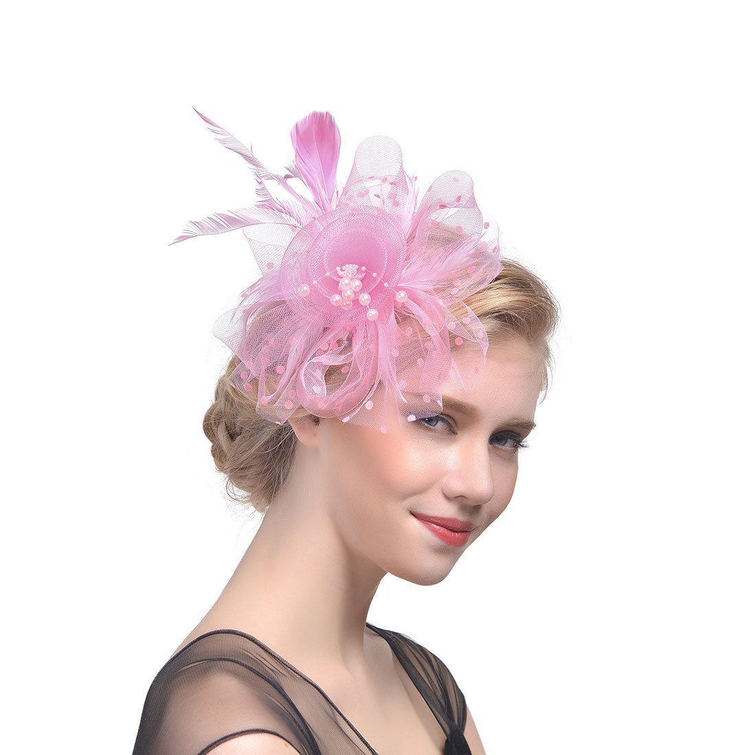Fascinators for Women - Ladies Wedding Tea Party Hat, Flapper Pillbox, Ascot Race Headpiece With Feather Flower, Beaded Headband, Hairclips, Dotted Mesh Headdress