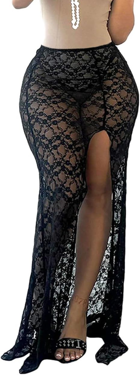Women's Sexy High Waist Split Black Floral Lace Print Sheer Mesh Midi Skirt Pleated Asymmetrical Cut Out Maxi Skirt for Party