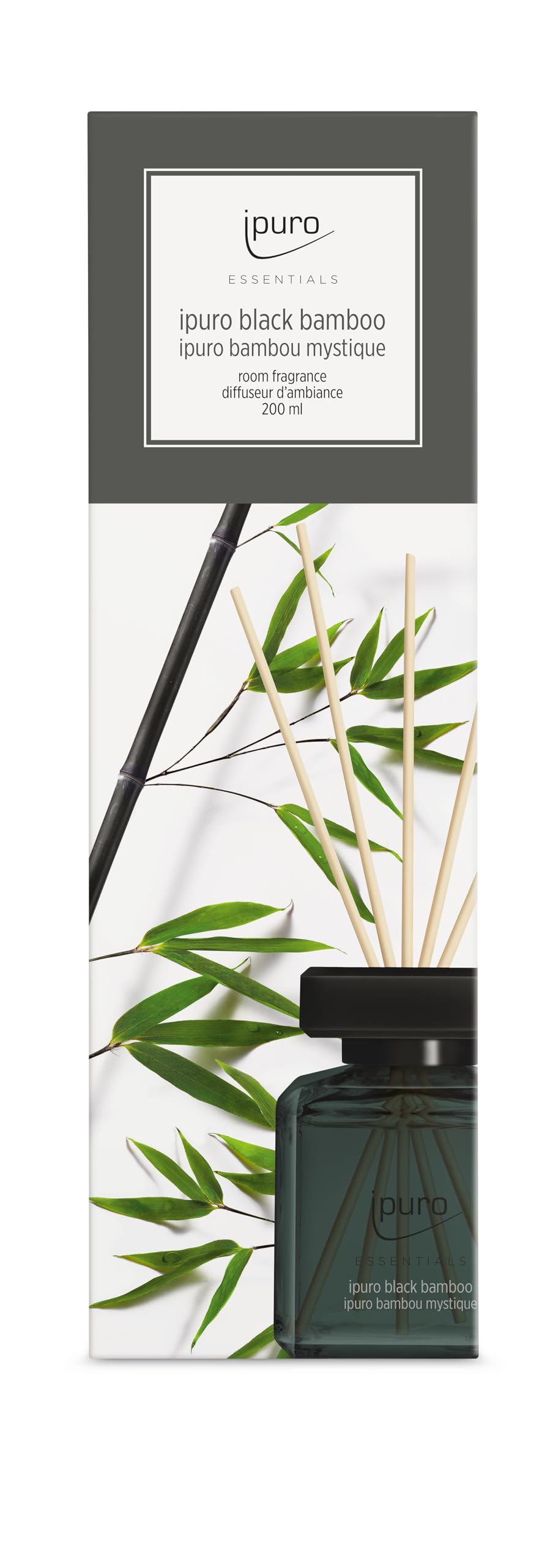 ipuro - Essentials Raumduft BLACK BAMBOO 200ml | Raumerfrischer mit Jasmin, Zitrone, Apfel, & Holzige Amber-Moschus Note Duft Aroma | Diffuser mit Stäbchen
