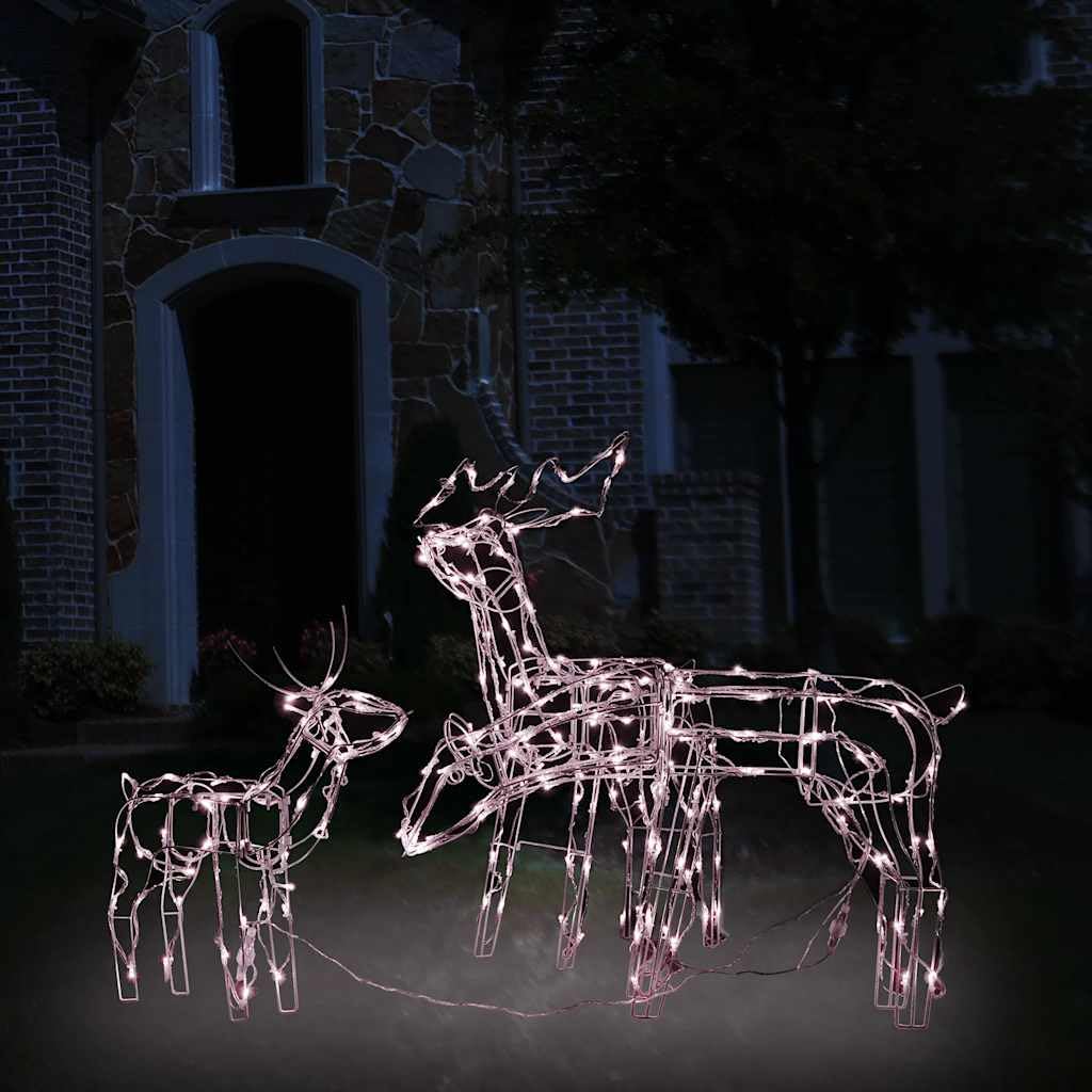 Świąteczny wyświetlacz świetlny, ciepła biel LED, rodzina reniferów LED, rama z PCW i stali, kabel 500 cm, wtyczka USB 5 V, do wnętrz, na zewnątrz, do ogrodu i balkonu, 3-częściowy zestaw