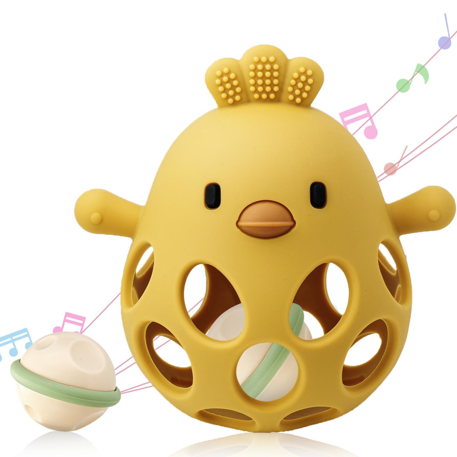 Venditer Baby Teething Rattle Toy Grasping Ball with Rattle, Baby Teether Silicone BPA-Free Sensory Montessori Toy Early Development for Babies for 3, 6, 9 12 Month Gift Yellow