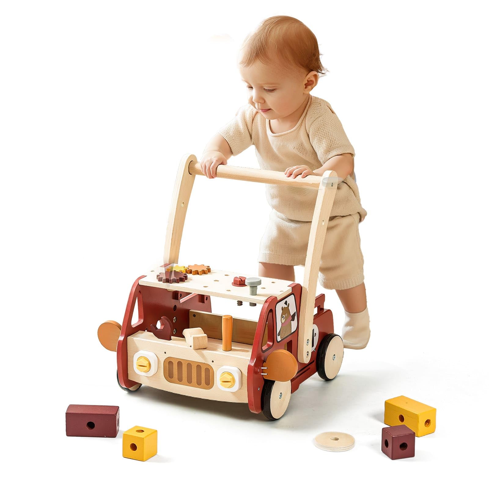 IEATFO Wooden Baby Walker Adjustable Height with Tool Bench and Toy Storage Wagon - Multifunctional Toddler Push Walker Ergonomically Designed for Natural Walking - 3+ Years of Continuous Use