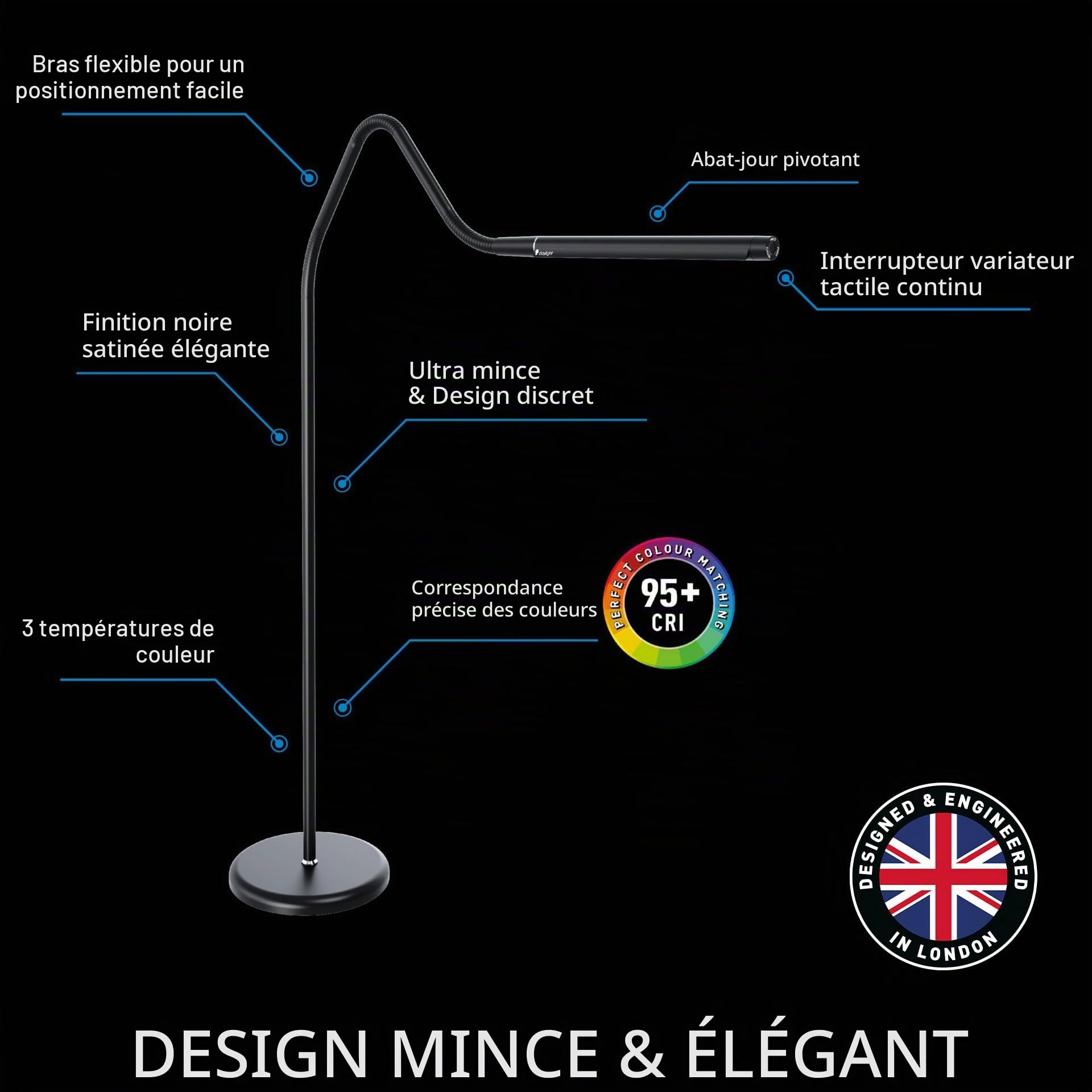 daylight Electra - E35231 - Lampadaire dimmable - Liseuse sur pied à LED - Bras flexible - Dimmable - Noir - LED - Design