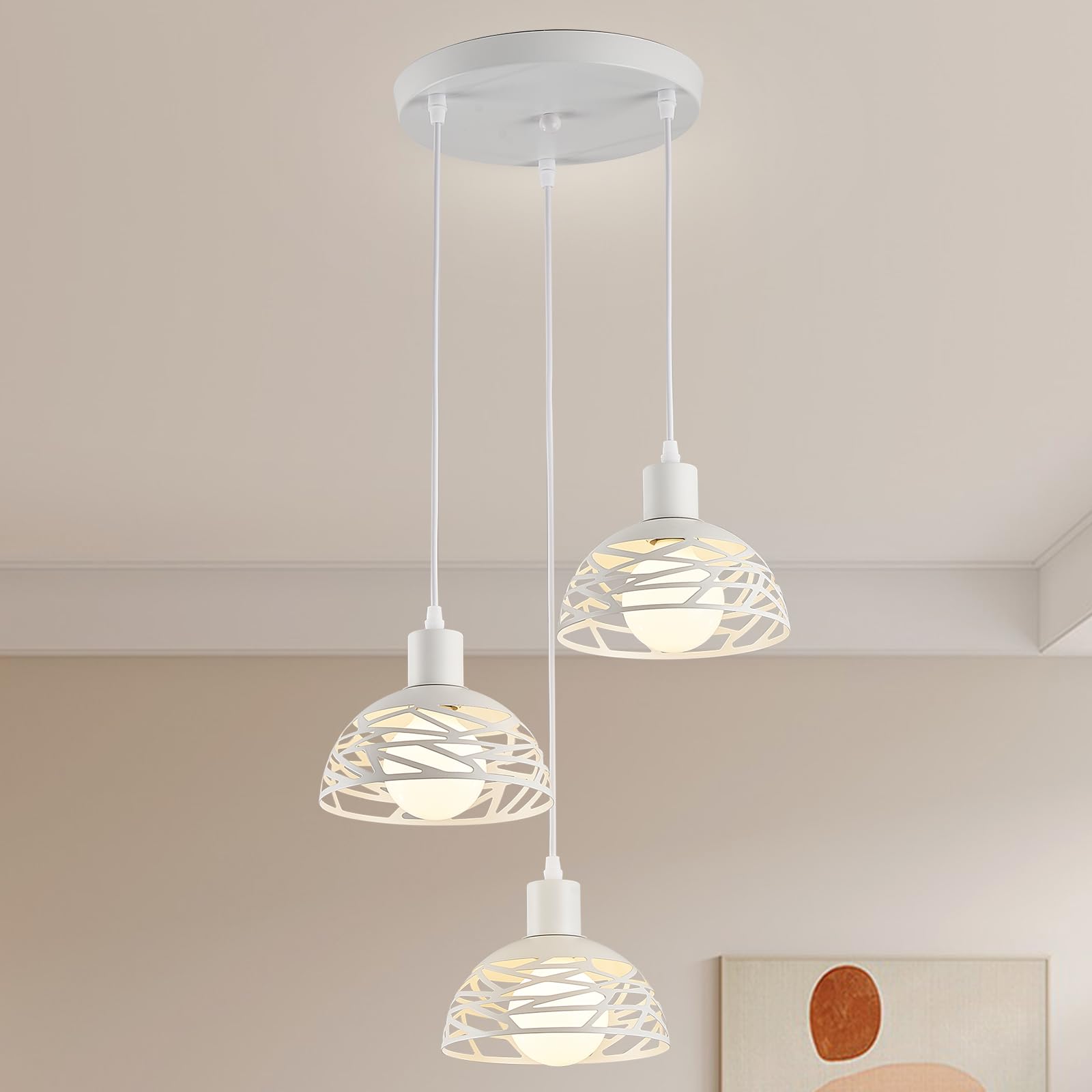 Lampadario a Sospensione Moderno Industriale, 3 Luci Lampade a Sospensione E27 in Metallo RitagliatoØ18, Regolabile in Altezza per Camera da letto Sala da Pranzo Soggiorno (Bianco)