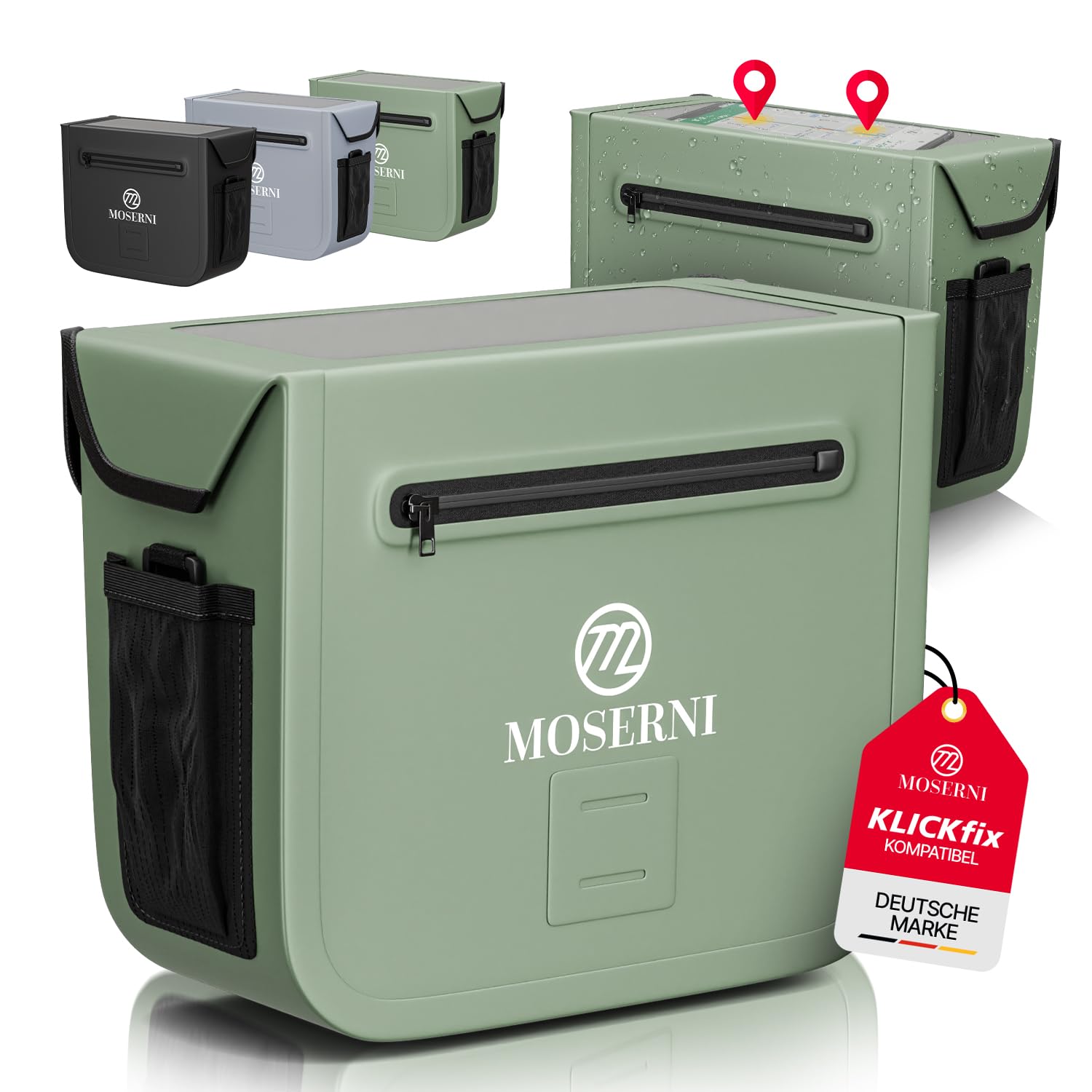 MOSERNI® x KLICKfix® Waterproof Handlebar Bag | 7L Volume | Magnetic Closure | Touch Phone Compartment | KLICKfix Compatible | for E-Bike, MTB & City Bike (Green)