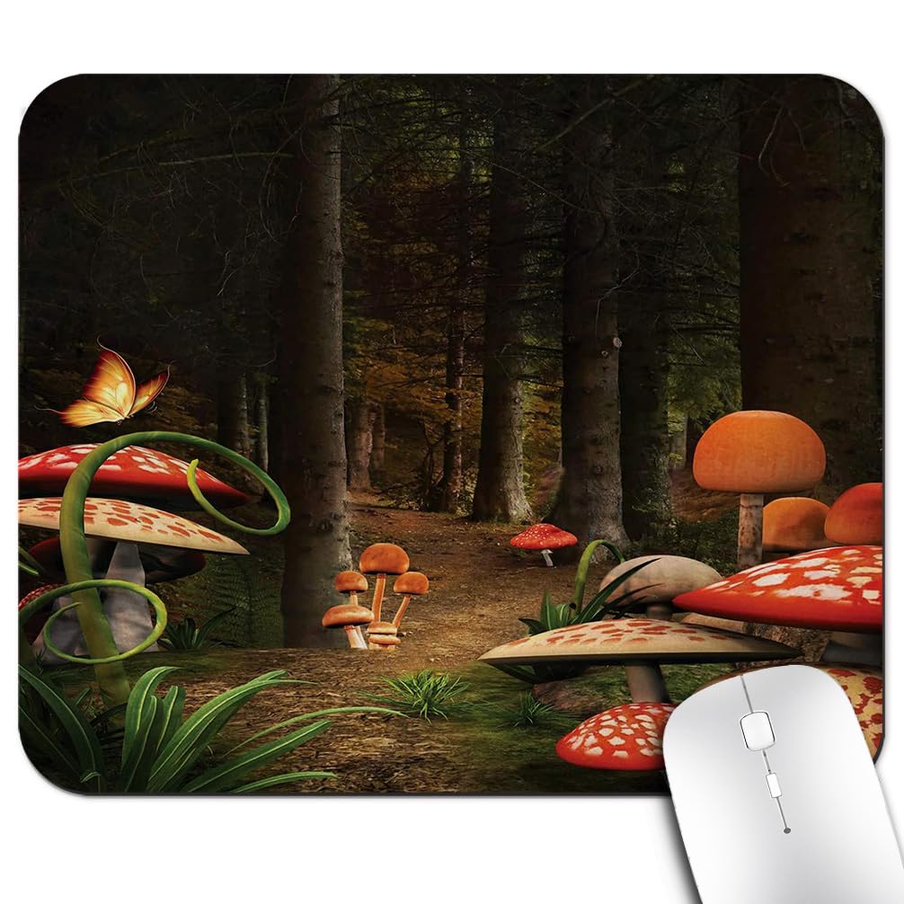 Mushroom Mouse Pad, Mushrooms in Deep Dark Forest Fantasy Nature Theme Earth Path Mystical Image Mouse Pads