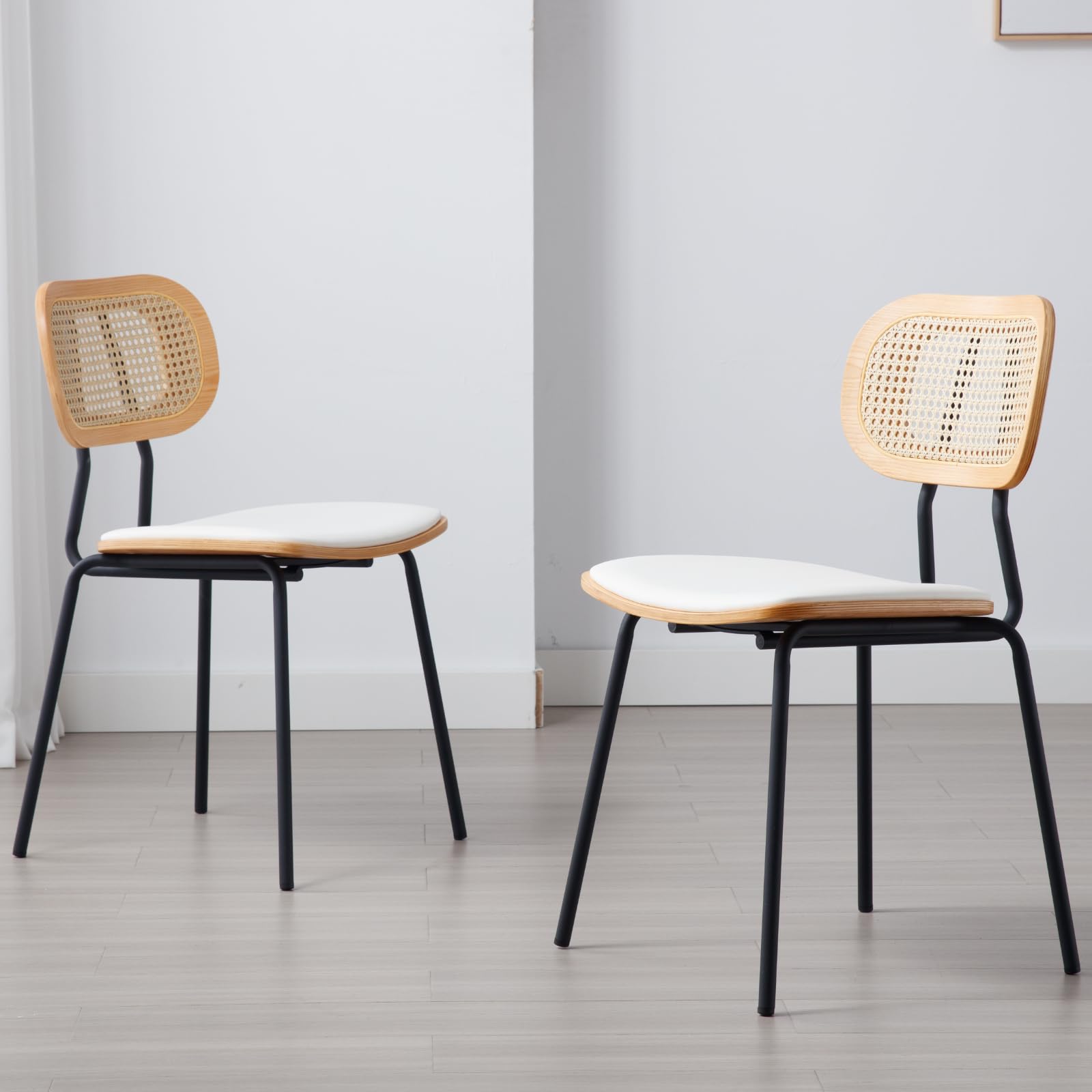 Ya-Home Rattan Dining Chairs Set of 2 Kitchen Chairs with Metal Legs, White — image 1