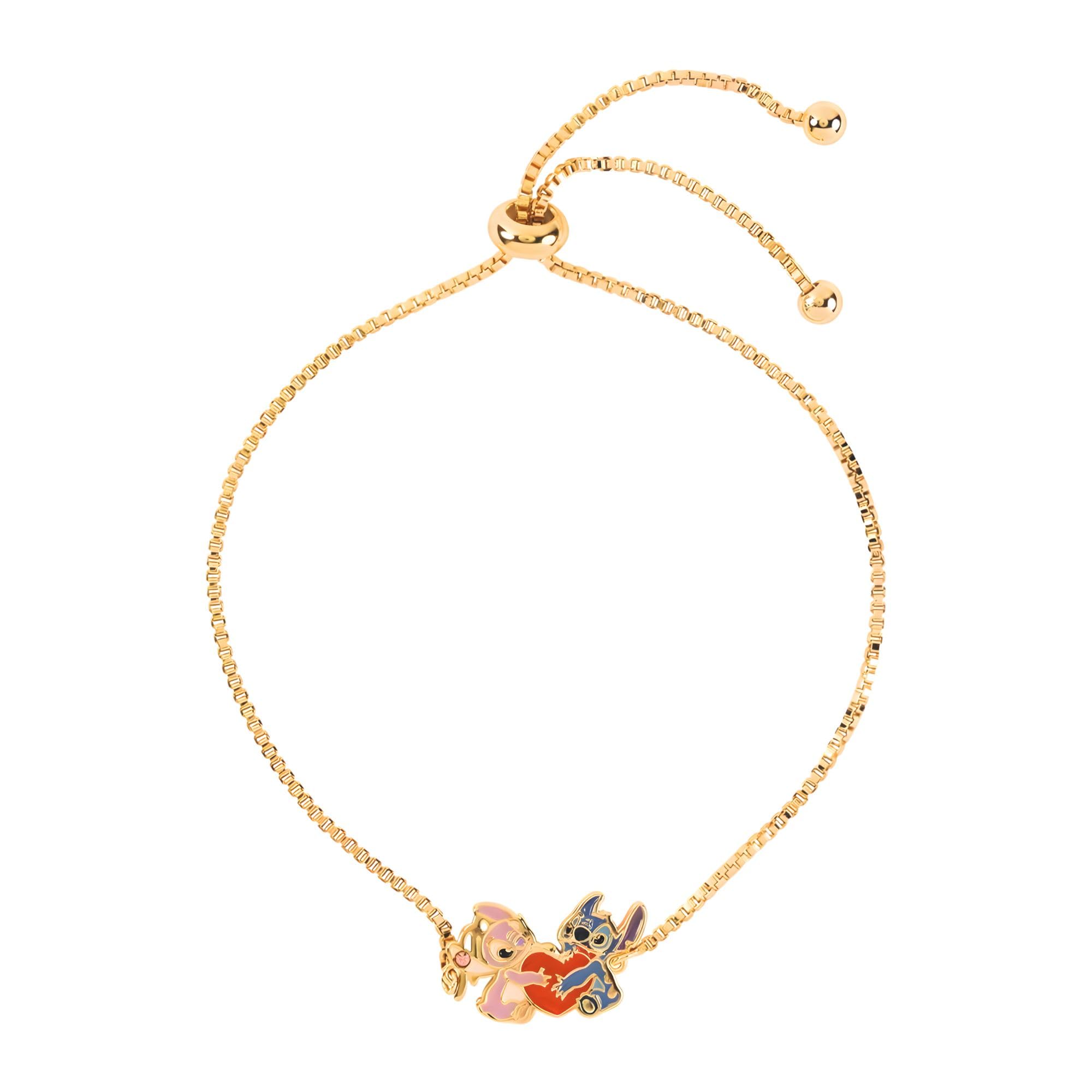 Disney Womens Stitch and Angel Heart Lariat Bracelet Official License, 18kt Gold Flash Plated, Mother's Day Gifts