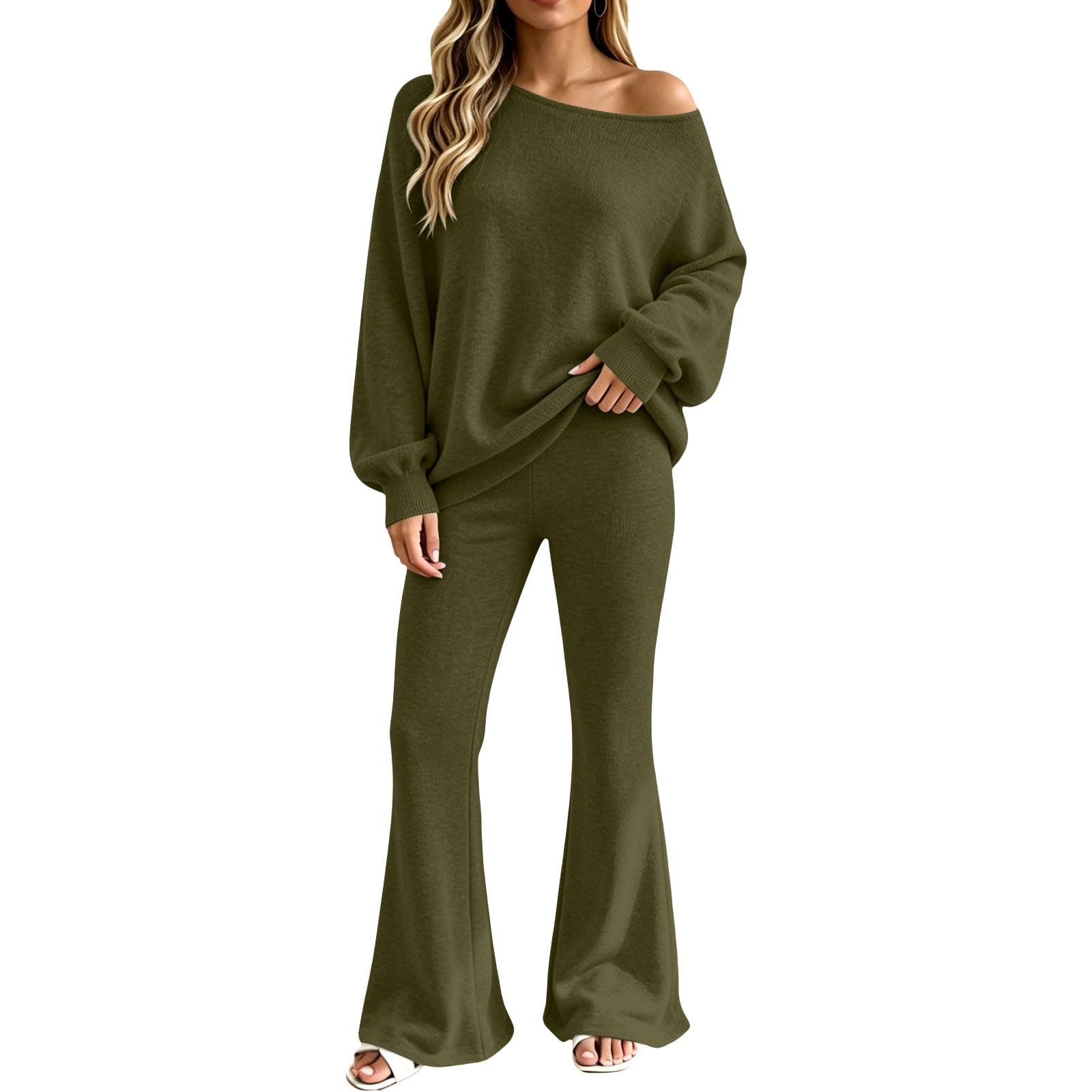 Tuta da donna elegante, 2 pezzi, a maniche lunghe, pantaloni lunghi | Maglione a maglia con scollo rotondo, in tinta unita, con pantaloni dritti, 2 pezzi, per il tempo libero