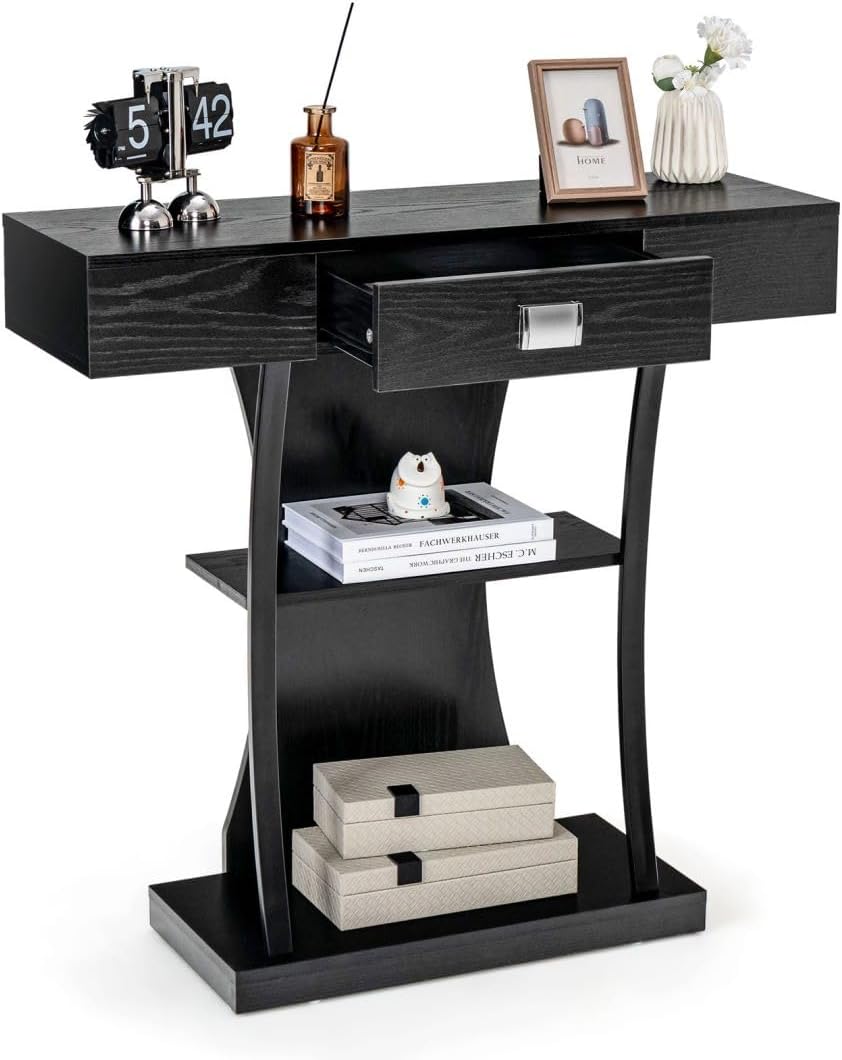 Multigot Console Table, T-Shaped Hallway Sofa Side Table with Drawer, Shelves and Anti-Tipping Kits, Wooden Accent Couch Behind Foyer Table for Entryway Living Room Bedroom (1 Drawer, Black)