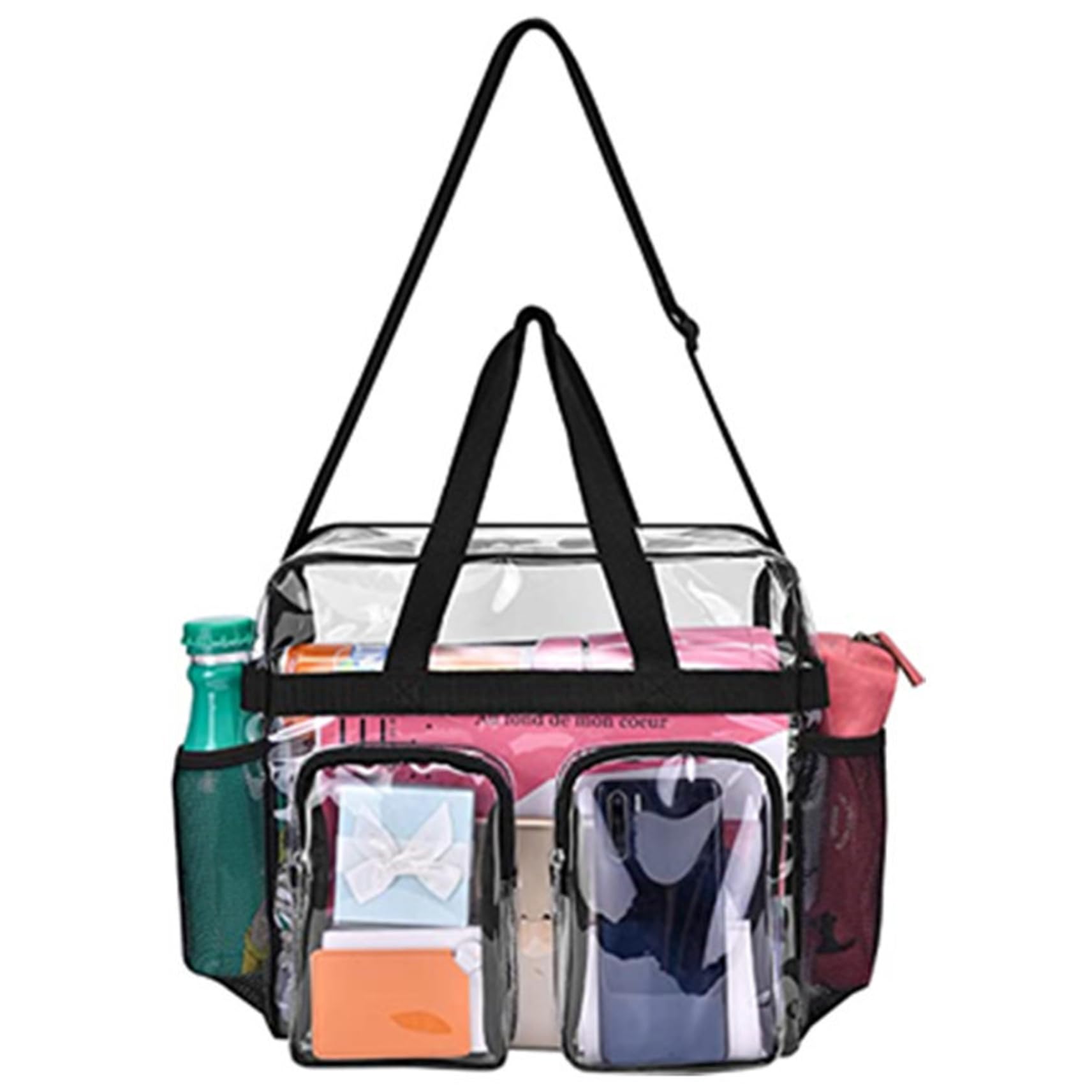 Bemonew Clear Tote Bag for Stadium Events, Large Transparent Bag with Front Pockets & Adjustable Strap, 12x12x6 Inch PVC Tote for Gym, Concerts, Travel