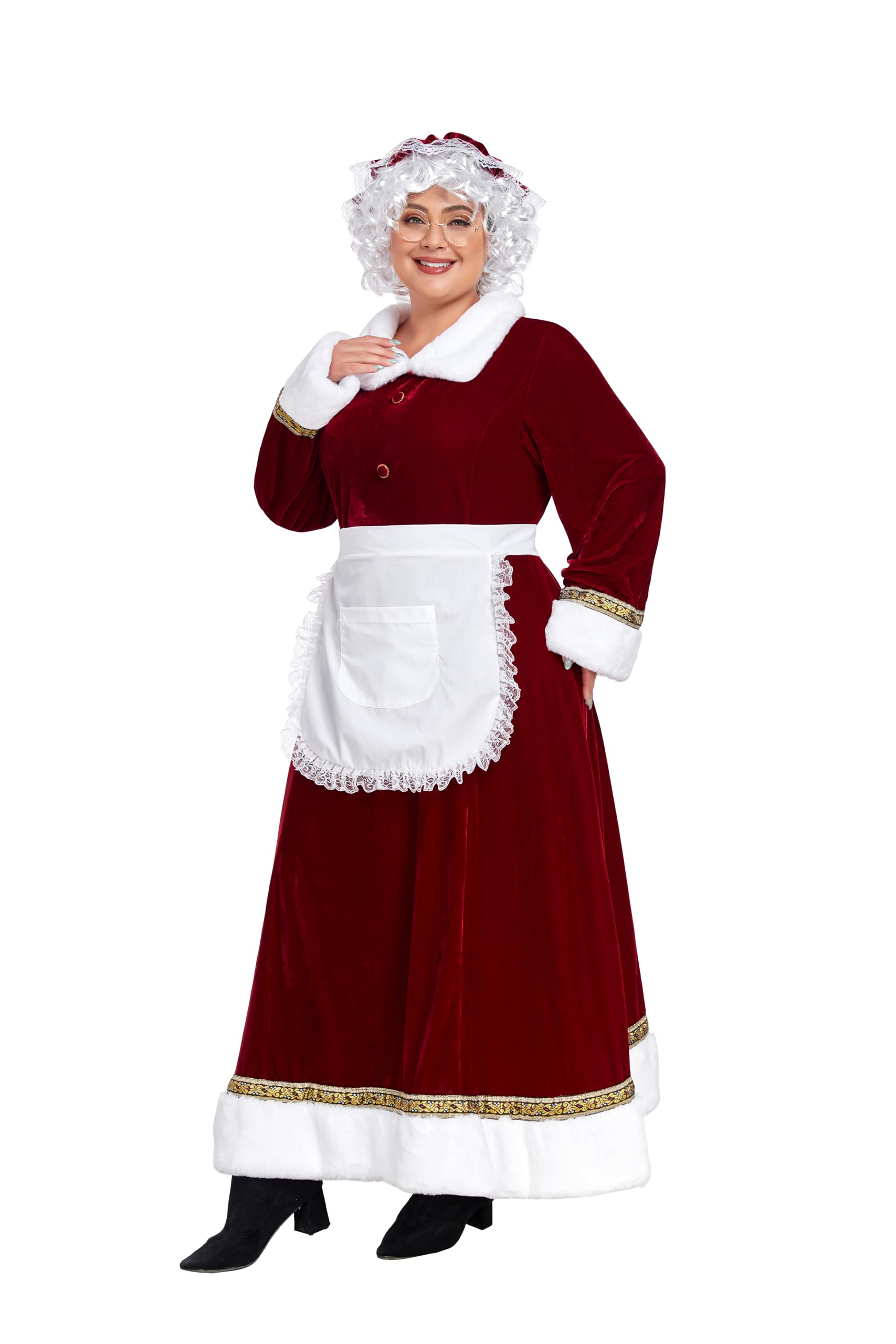 WeGuard Mrs Claus Costume for Women 5PCS Adult Velvet Santa Clause Dress with Hat Apron White Wig Glasses Christmas Suit (XXX-Large)