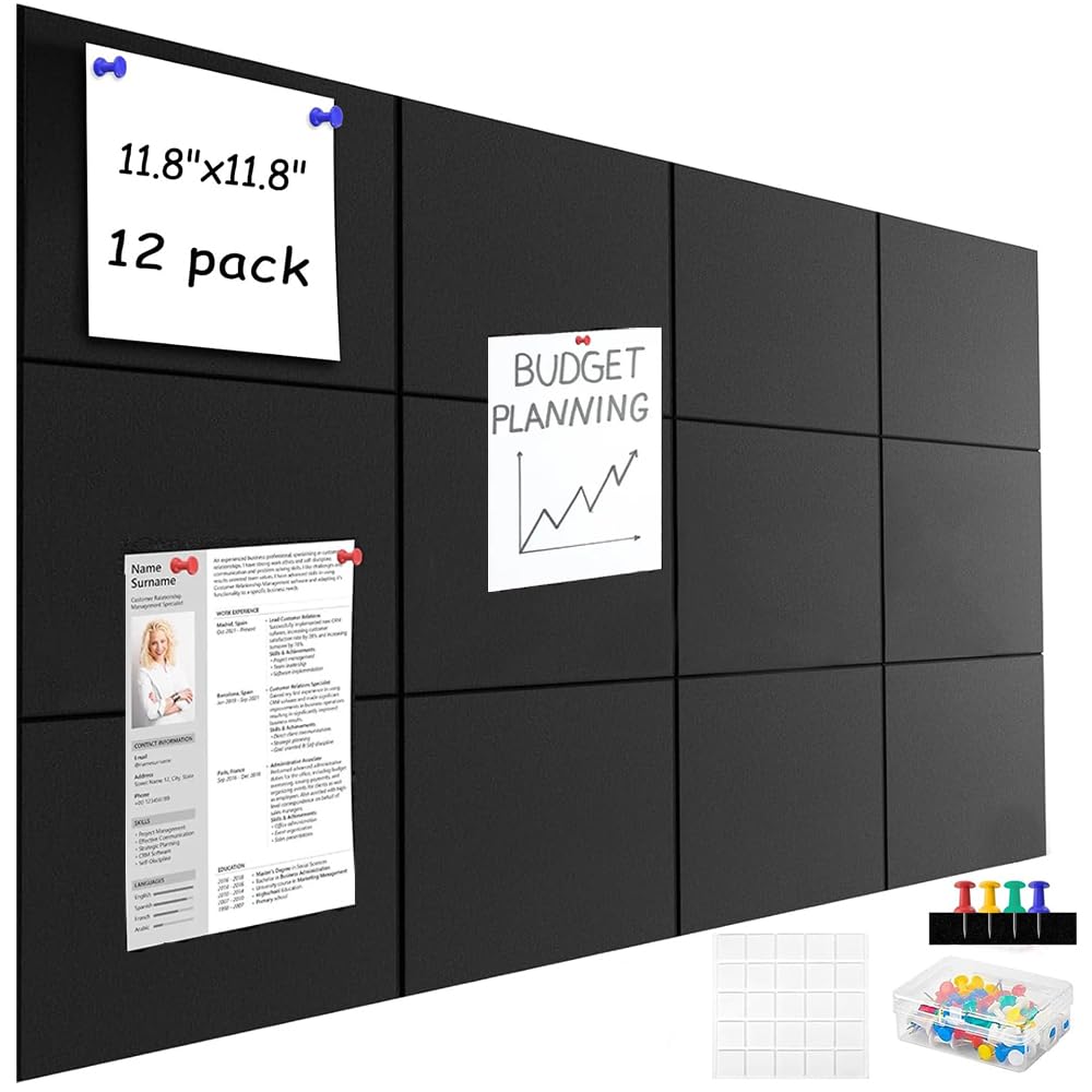 12 Pack Large Cork Board Felt Wall Tiles, 12"x12" 0.4" Thick Felt Bulletin Board Pin Board with 30 Push Pins, Self Adhesive Corkboards Cork Board for