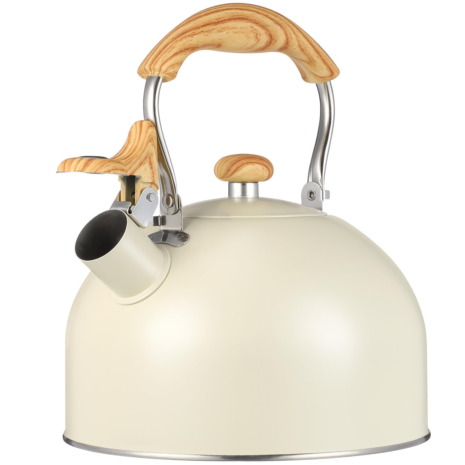 Bouilloire sifflante beige 2,5l en acier inoxydable et bois avec fond plat résistant