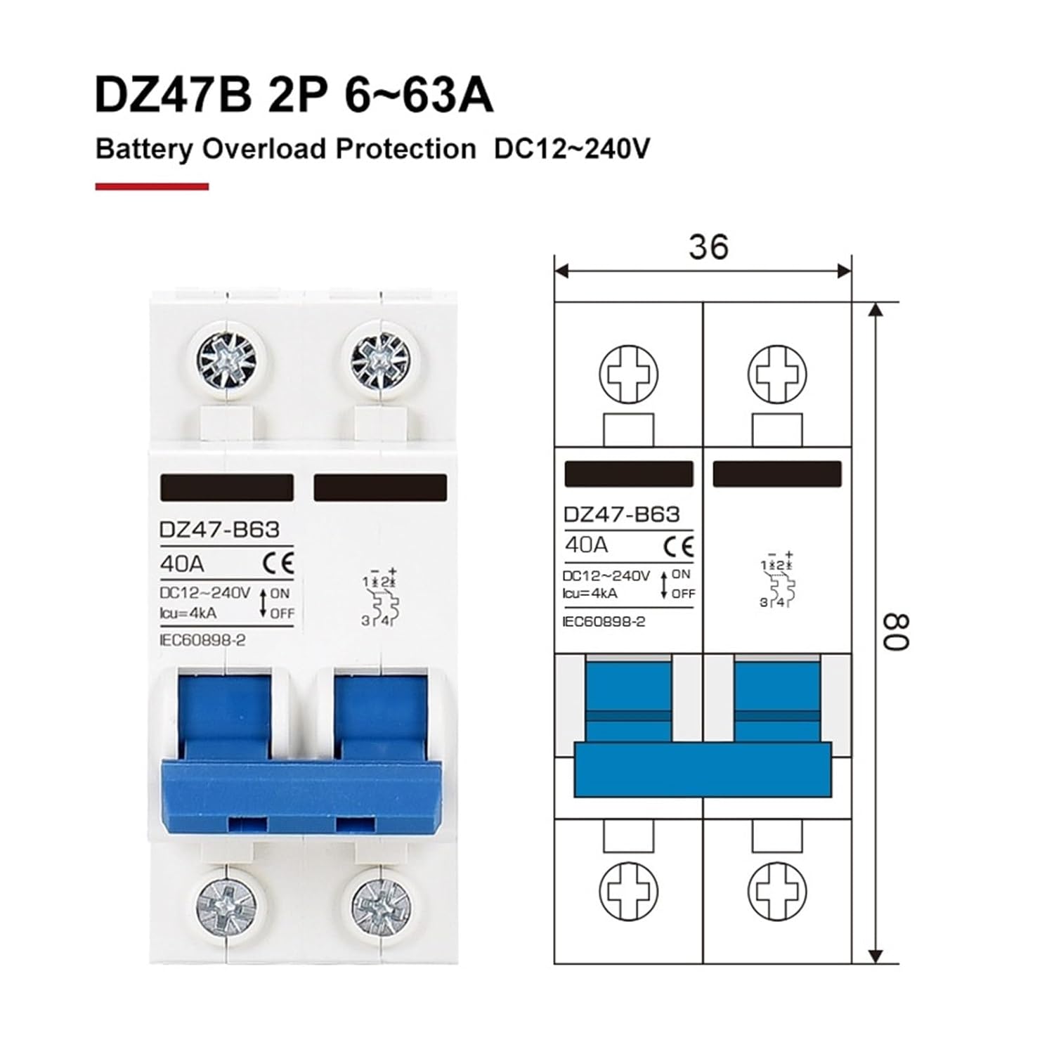 DZ47B Circuit Breaker DC 12V 24V 36V 48V MCB Battery Car Protector 6A-150A Air Switch Din Rail Mount(2 Pole,125A)