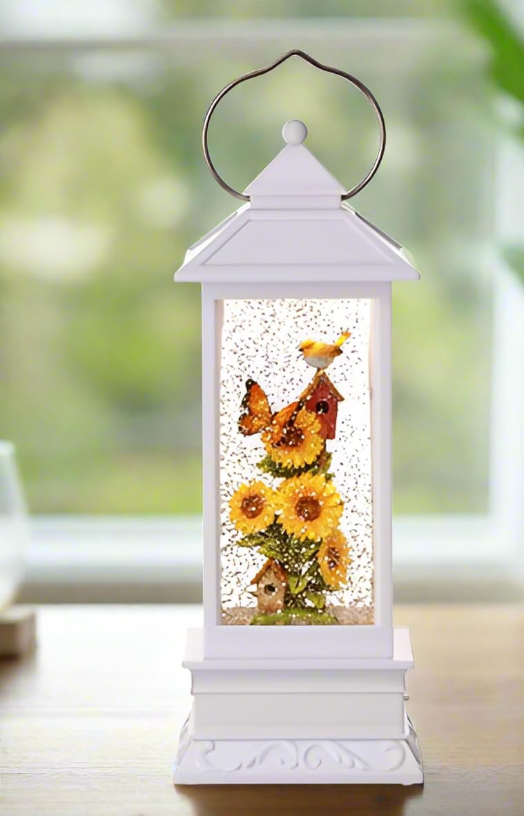 Spring Decorative Candle Water Lantern with Sunflowers, Bird and Butterfly, Battery Operated with Timer or USB - 11'' Garden Scene Lighted Water Lantern with Bird, White and Yellow