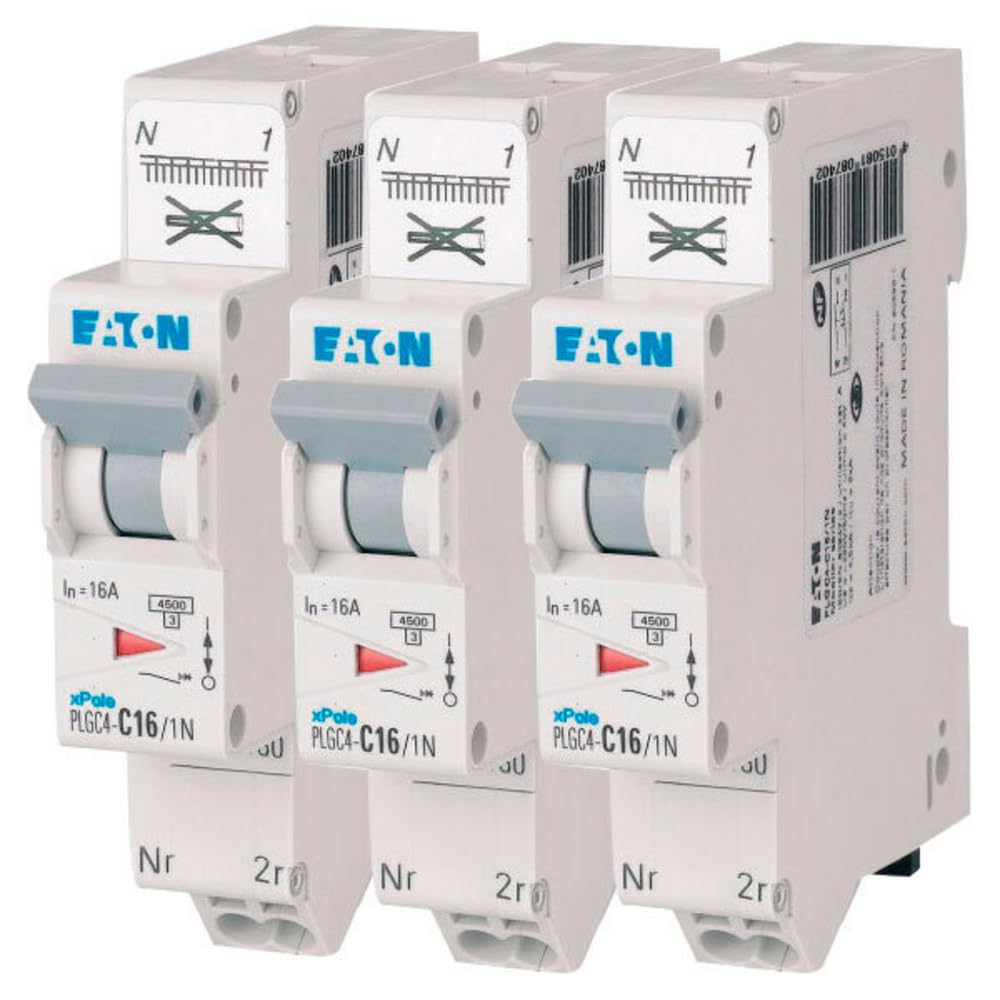 EATON 109130 PLGC4-C16/1N - DISJONCTEUR MODULAIRE PH/N - Blanc - MANETTE GRISE - 1P+N / 16 A - COURBE C - Raccordement direct sans vis - 3 disjoncteurs