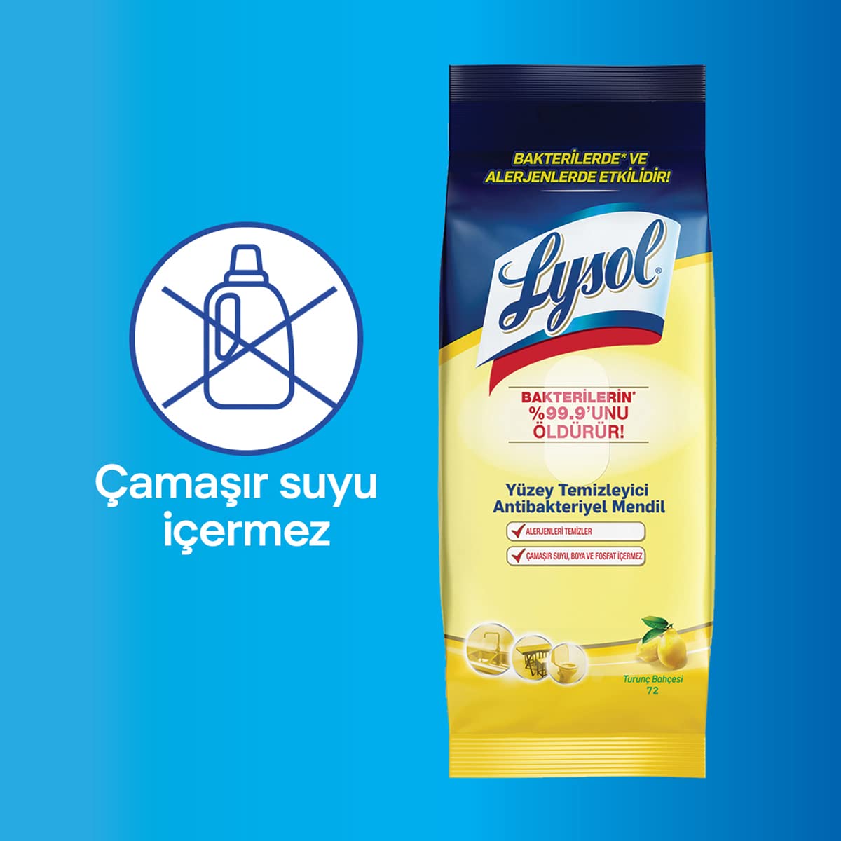 Lysol Pratik Yüzey Temizleyici Antibakteriyel Islak Mendil Turunç Bahçesi (1 x 72 adet)