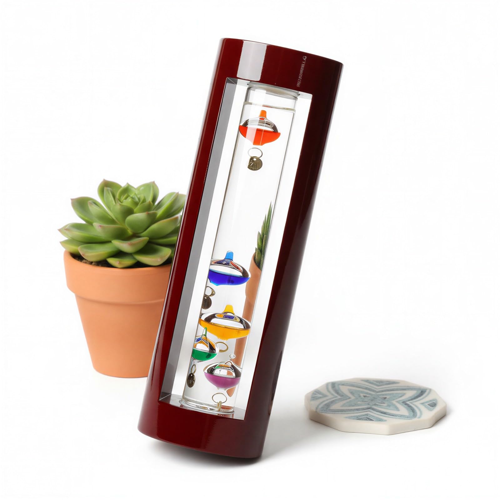 Galileo-Thermometer für den Innenbereich, 11 Zoll / 28 cm, Rahmen in Kirschholzoptik, 5 farbige Glaskugeln und Metallanhänger, Wetteranzeiger für Zuhause, Büro und Geschenkidee