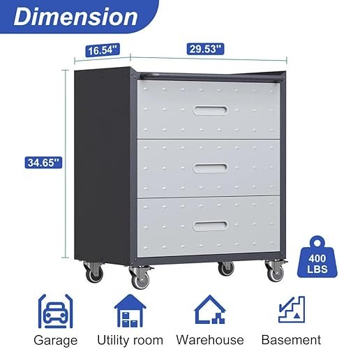 Miniatura 3 de Gabinete de almacenamiento de herramientas móvil de 3 cajones, caja de herramientas rodante resistente para organización de garaje, gabinetes de