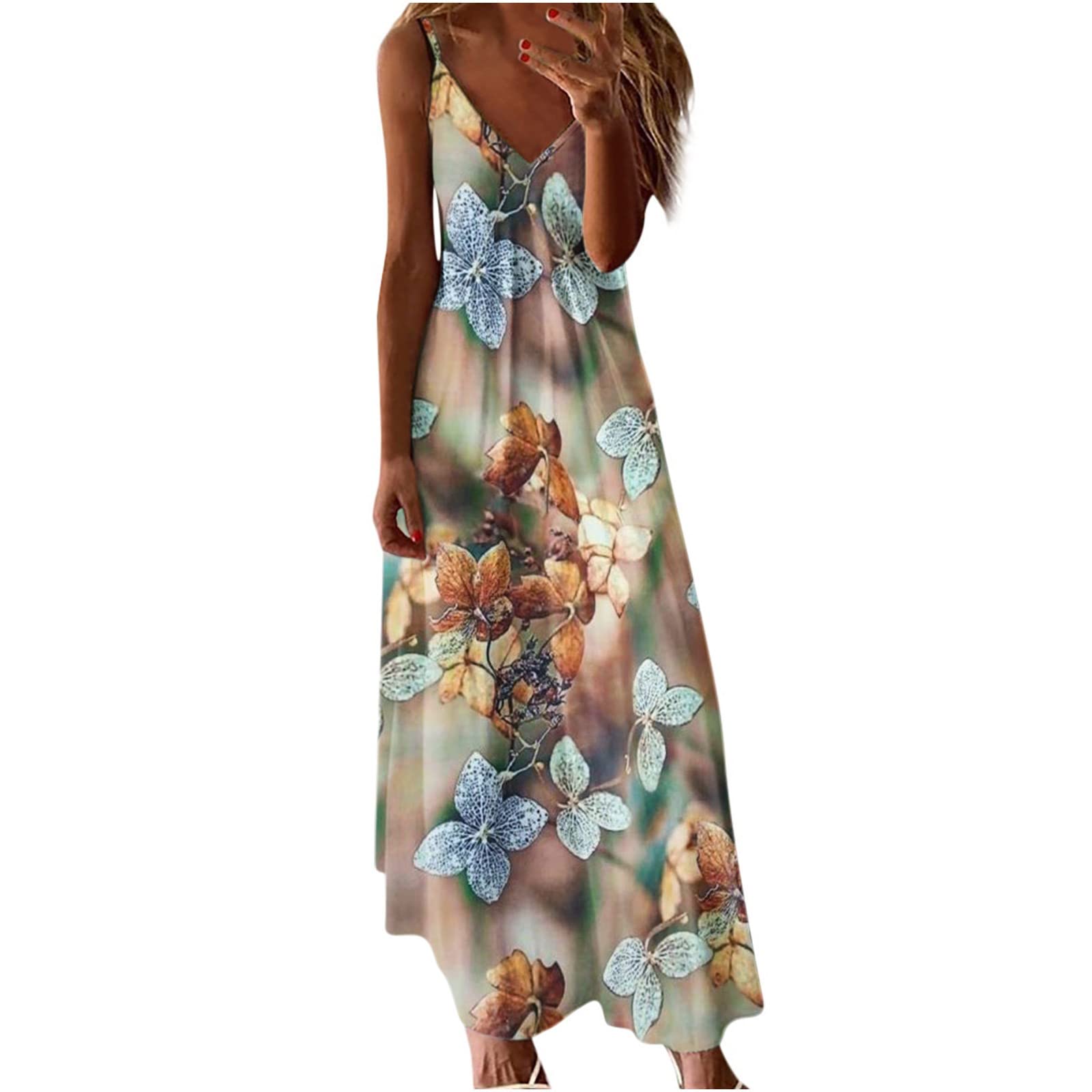 NUSGEAR 2024 Vestidos Largo para Mujer Vestido sin Manga Elegante Primavera Verano Impresión Floral Casual Vestidos Cuello en V Fiesta Moda Playa Suelto Vestido de Noche Vacaciones
