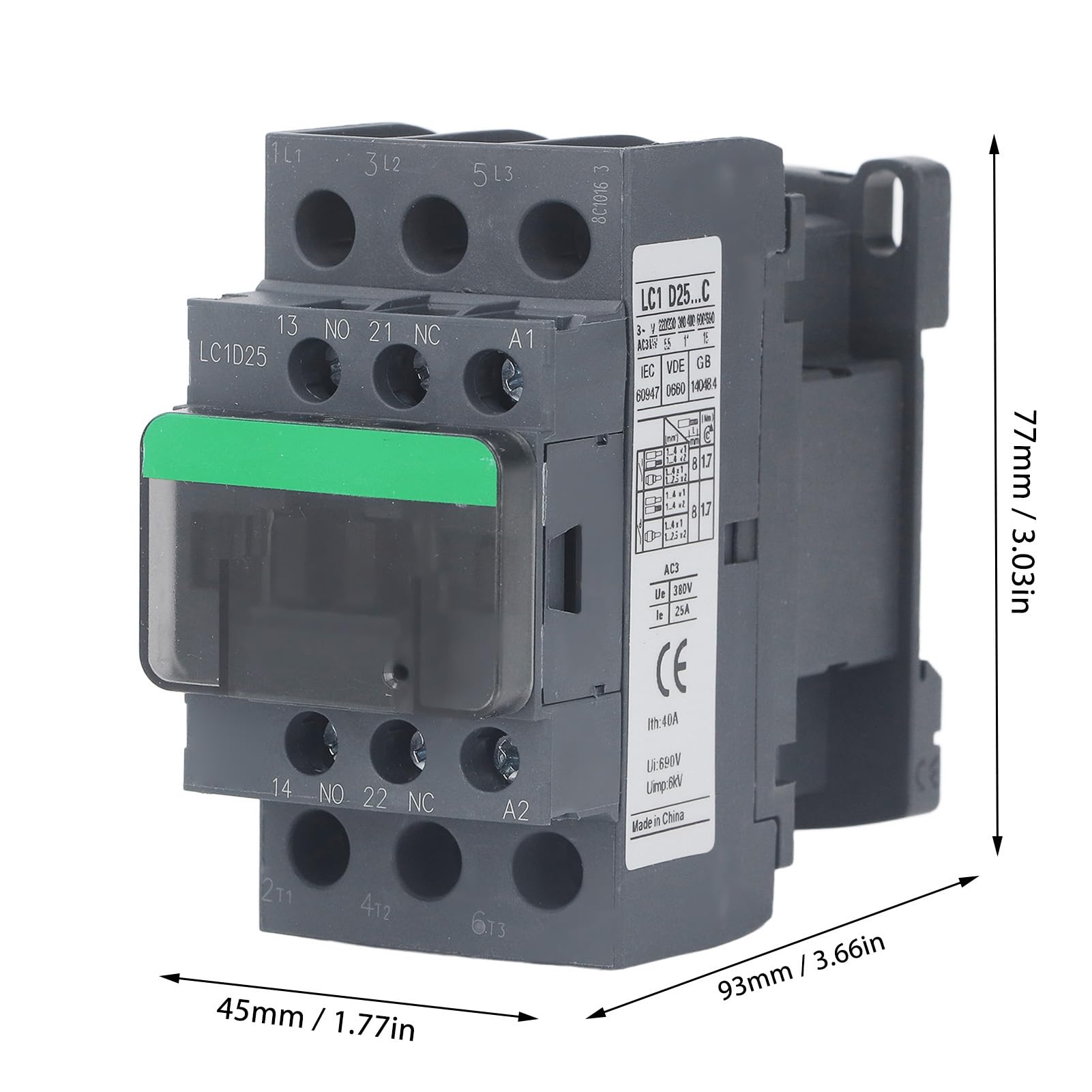 Contactor de CA LC1D25 Bobina de Alto Voltaje 1NO 1NC 25A 380V Controlador de Motor de Contacto Plateado Reemplazo de Alta Sensibilidad Contactor de CA Eléctrico Universal