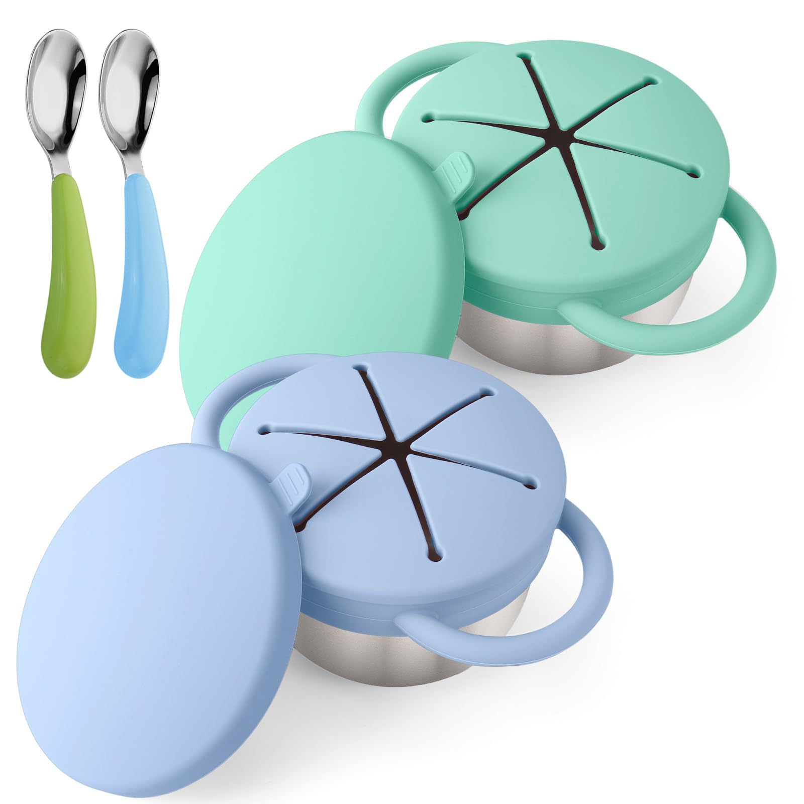2 Pack Stainless Steel Snack Cups with 2 Spoon, Leak-Proof Food Lunch Box with Handles for Daycare School Travel, Snack Containers with Lids, Salad Sauce Pots for Snacks, Salad, Fruit, Yoghurt