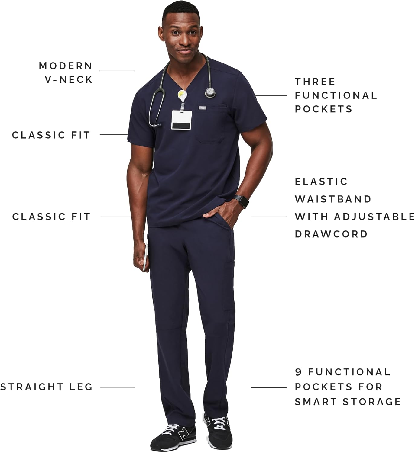 FIGS Leon Top & Cairo Pants Scrub Set for Men — Classic V-Neck, Straight Leg, Anti-Winkle, 4-Way Stretch