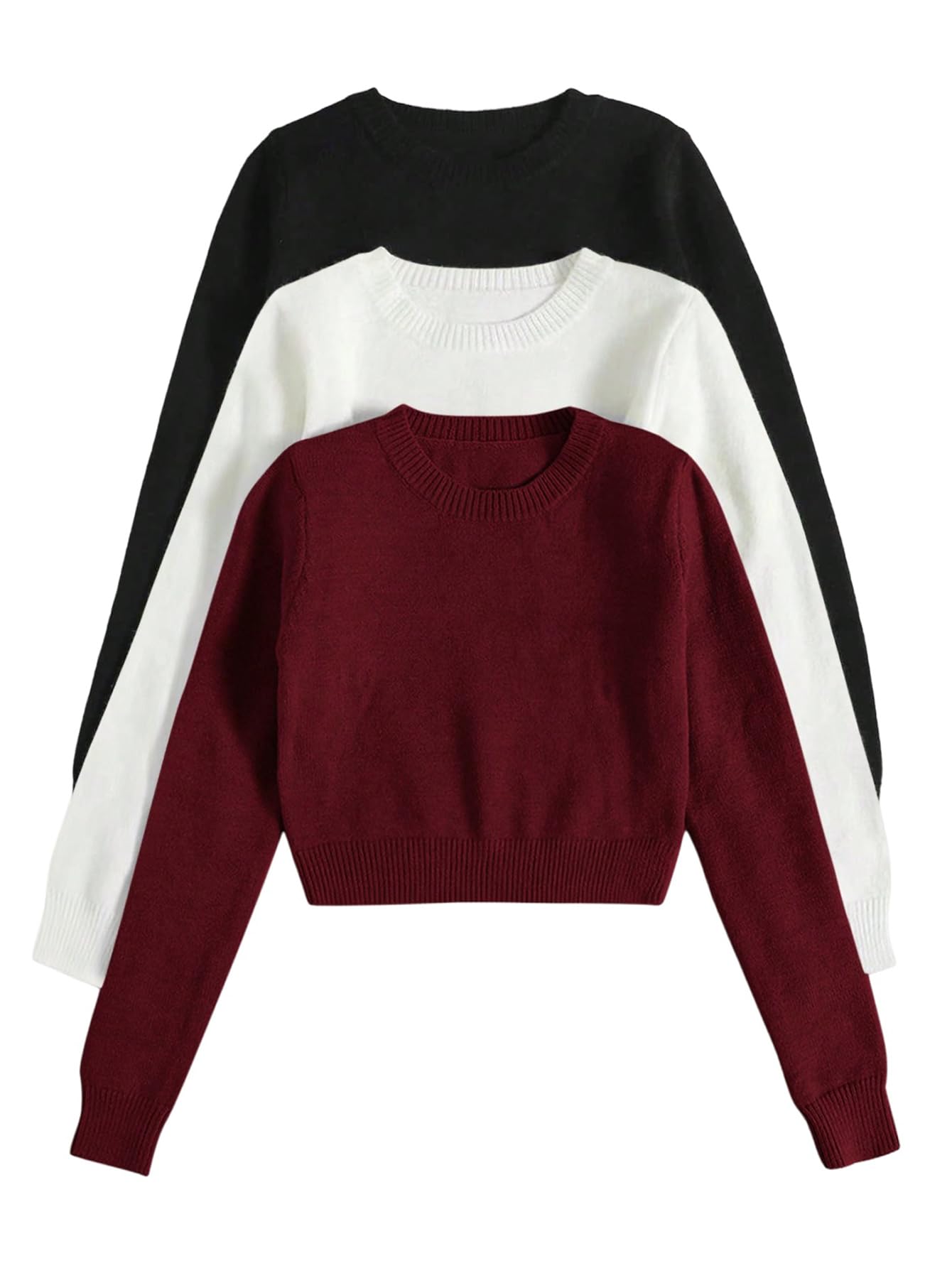 Womens Fall Sweaters Long Sleeve Crewneck Fitted Knit Jumper Tops Cropped Sweaters 3 Pack