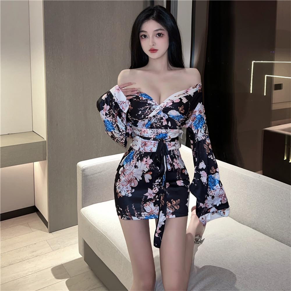 QNCLO Japanese women's cosplay cardigan kimono nightgown floral geisha bathrobe lingerie