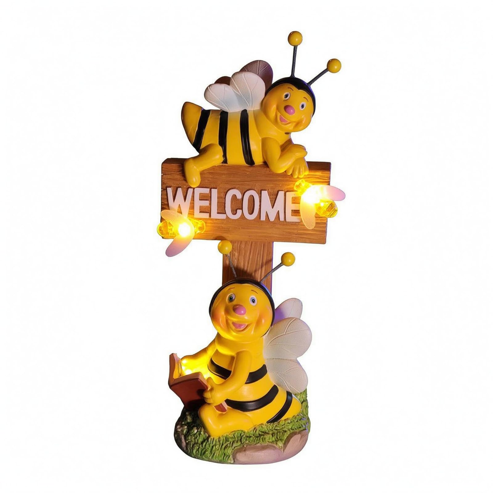 Warm Light Bee Welcome Sign Resin Bee Lamp Wood-Look Garden Decor Glowing Accents for Courtyard, Patio, Balcony, Bee Welcome Sign-image-25