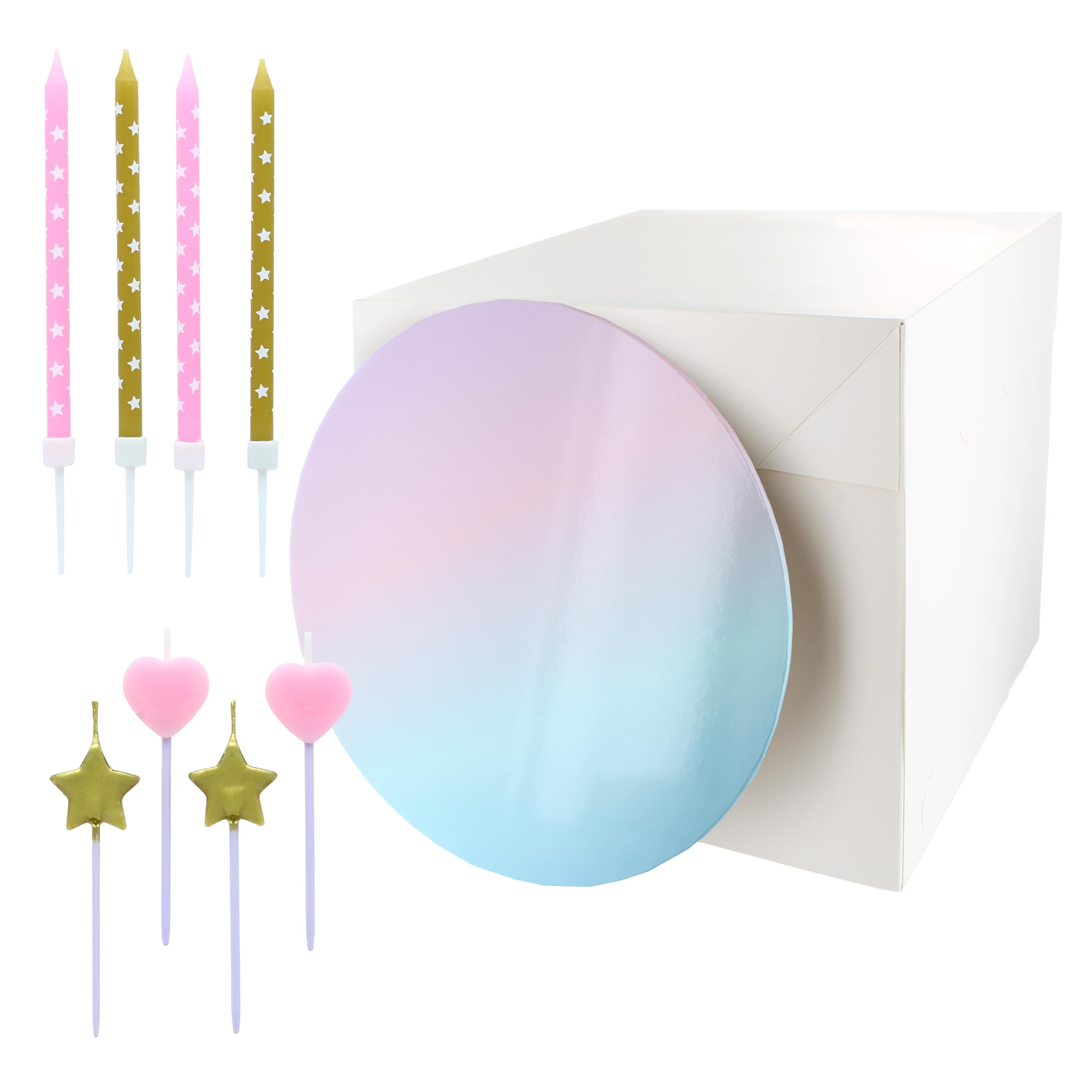 Culpitt Star & Heart Cake Set | Birthday Cake Candles, Cake Board, Cake Box | Pink Heart, Gold Star & Tall Candle For New Years Eve - 8 Candles, 10" Ombre Masonite Board, White Box