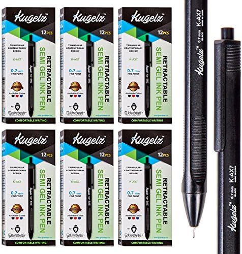 Retractable Semi Gel Pen 72/Set | Long Lasting Black Tint Writing Pens – Precise, Quick Dry, Slim, Ergonomic Use – Best for Office, School– 0.7 mm Fine Point + Bulk Pack of 72