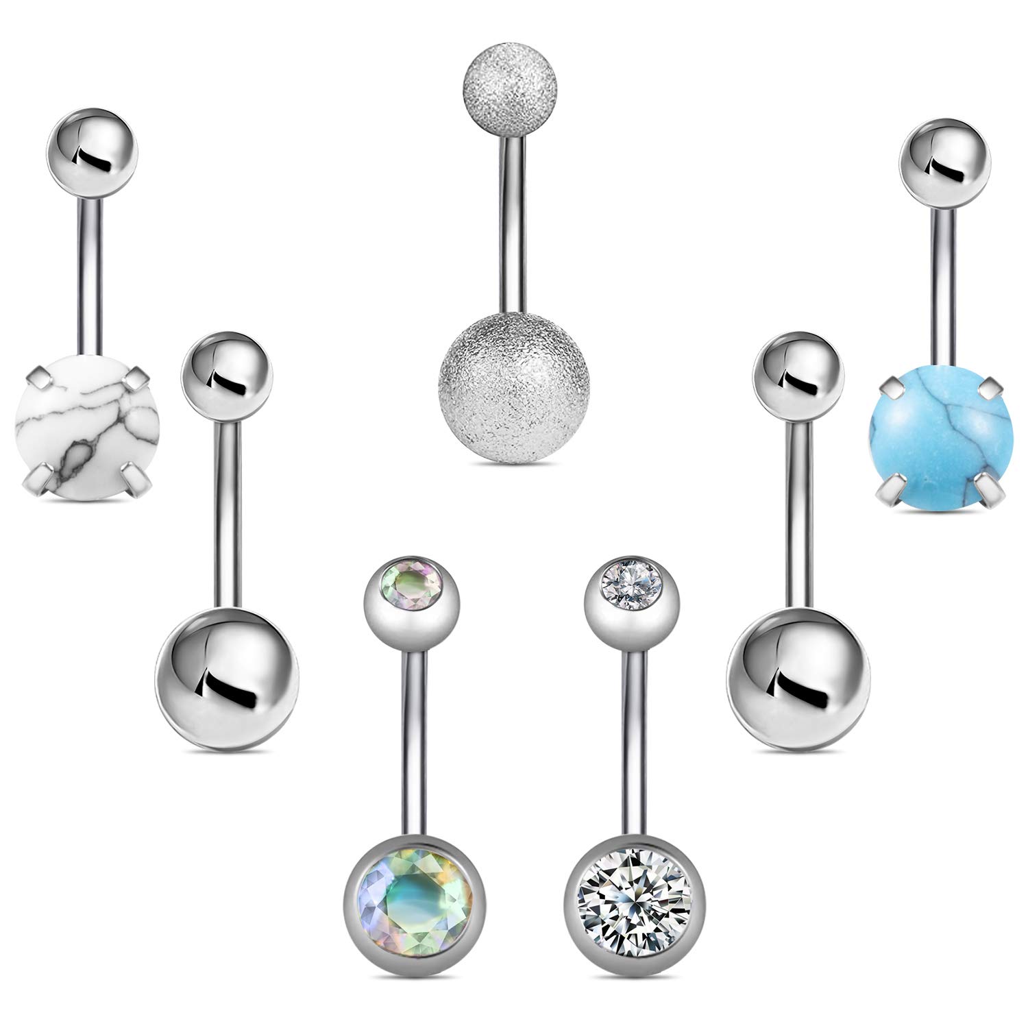 Wssxc 14G Hypoallergenic Surgical Steel Belly Button Ring Cubic Zirconia Belly Button Barbs Body Piercing Set 7Pcs