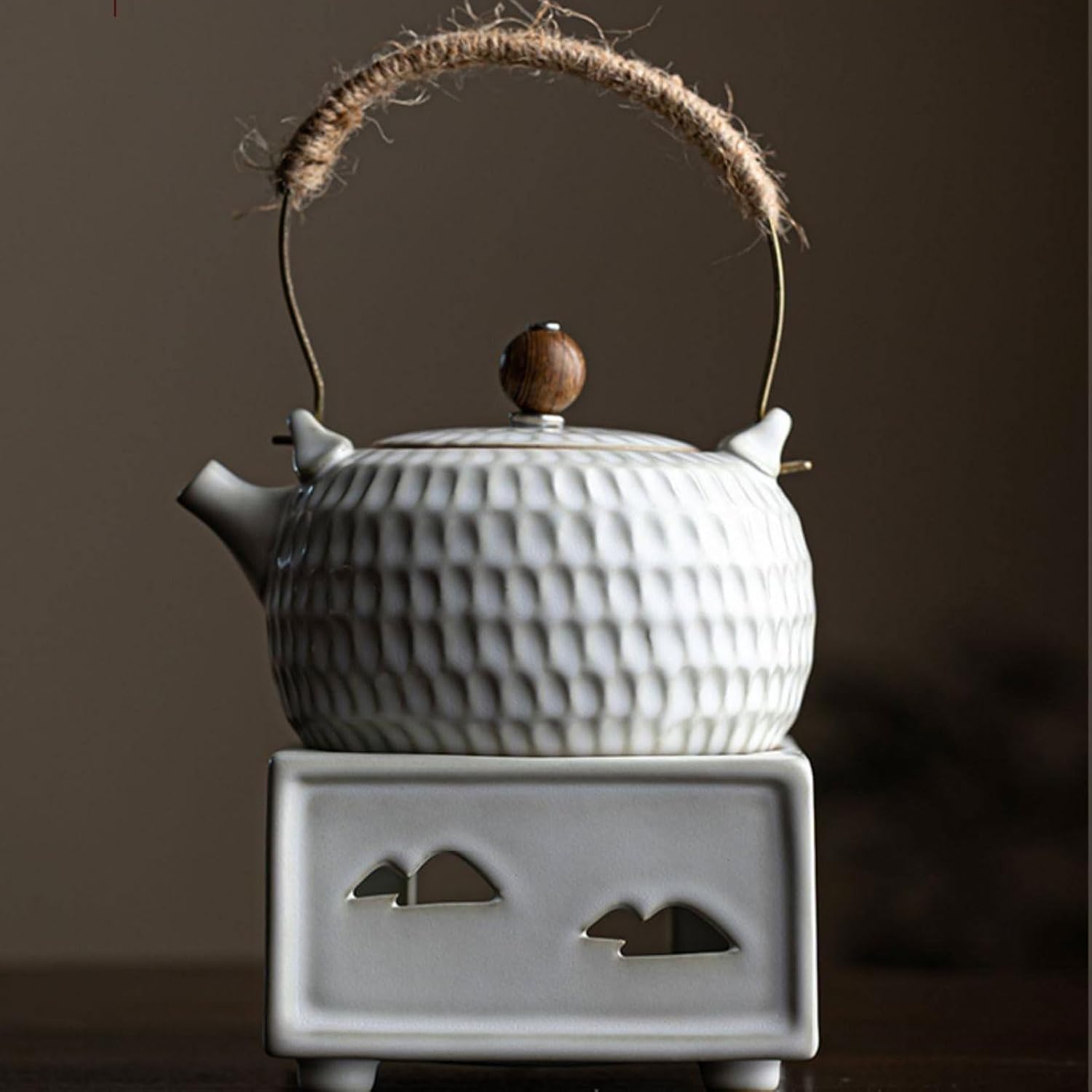 Square Ceramic Teapot Warmer 15.5cm Antique White Glaze with Earth Detachable Tealight Holder for Coffee Milk Tea Home Decor Gift-B